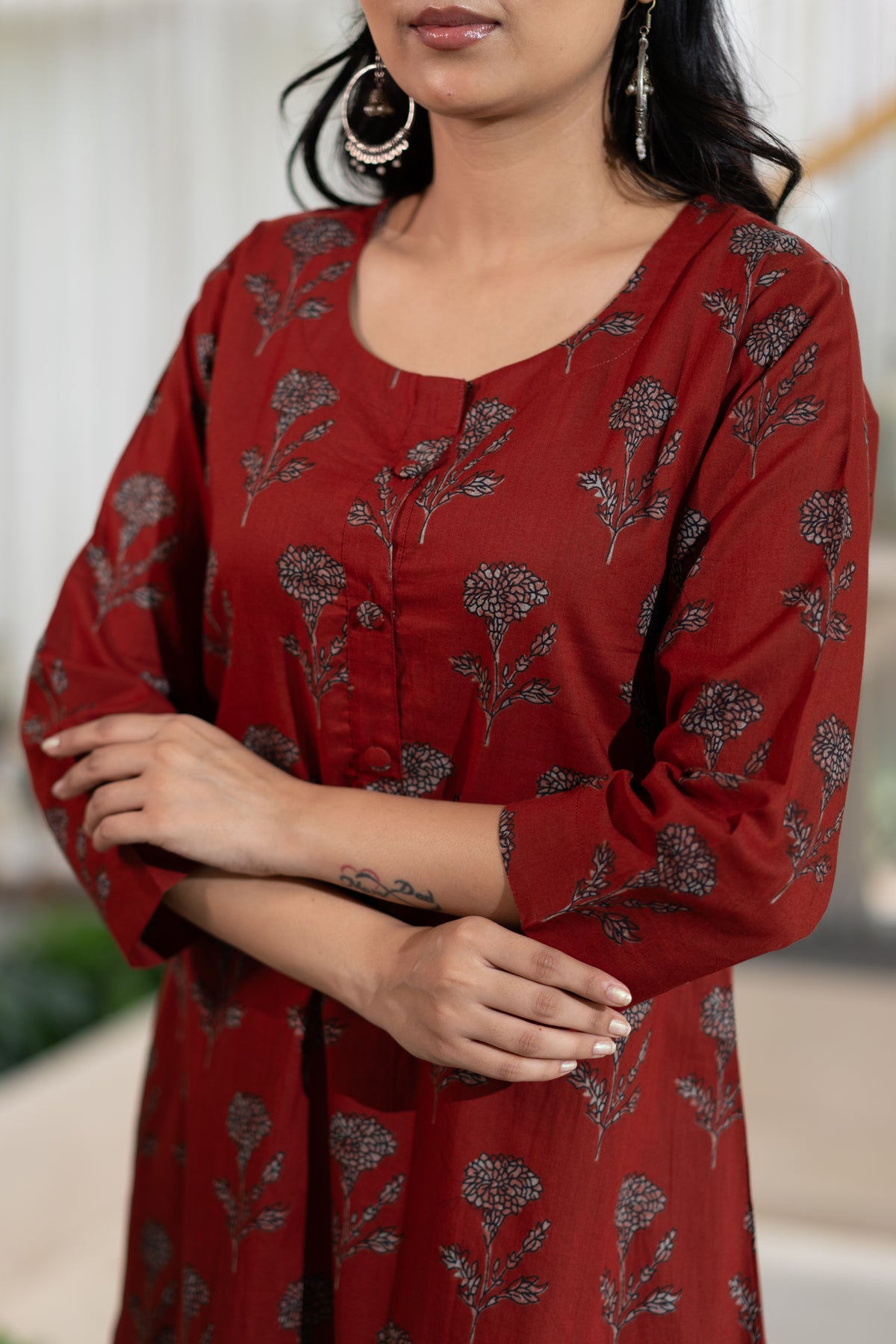 Haya Red Handblock Cotton A-line Kurta Set