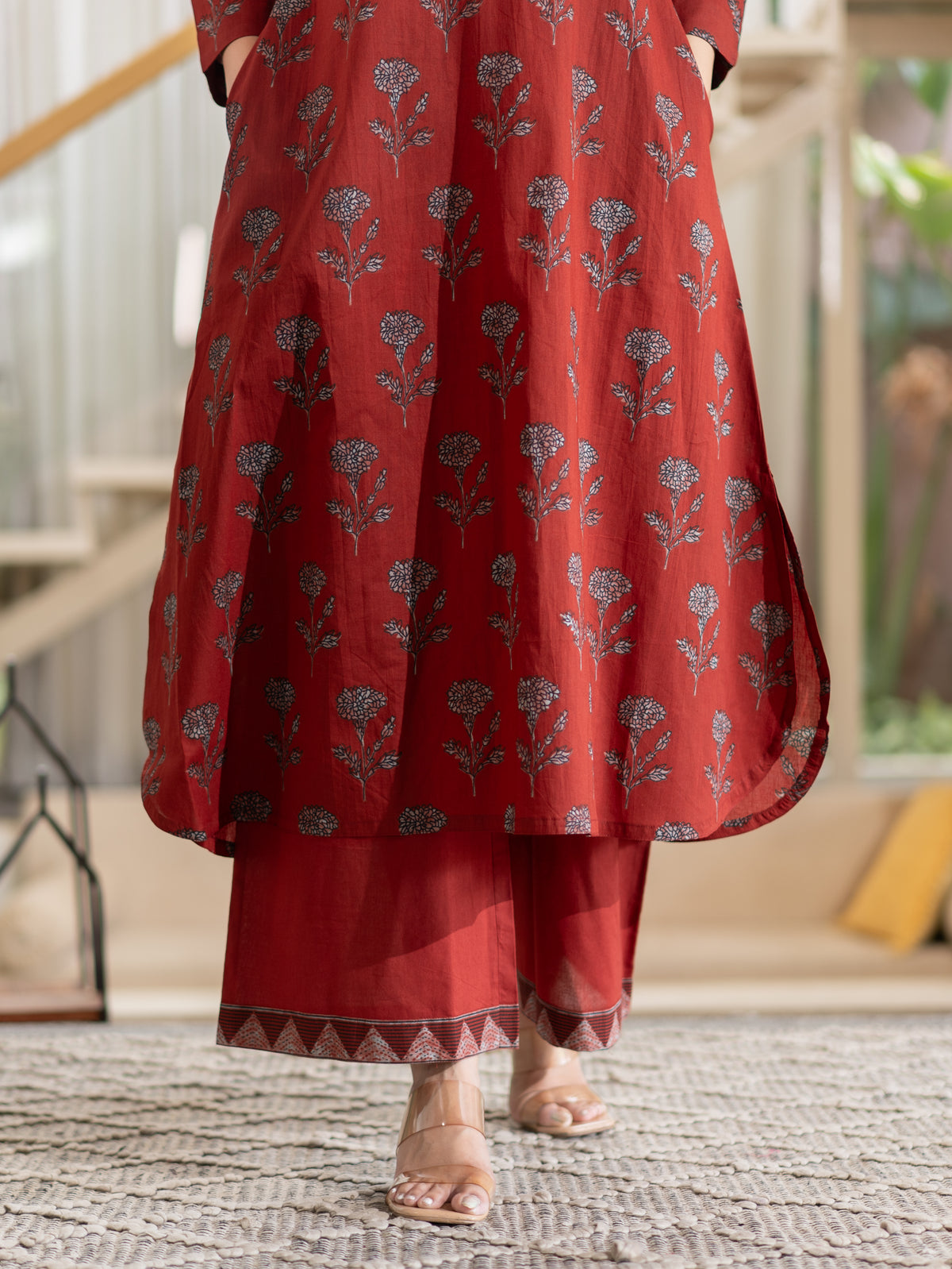 Haya Red Handblock Cotton A-line Kurta Set