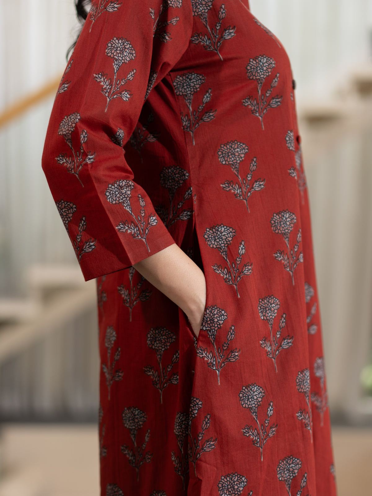 Haya Red Handblock Cotton A-line Kurta Set