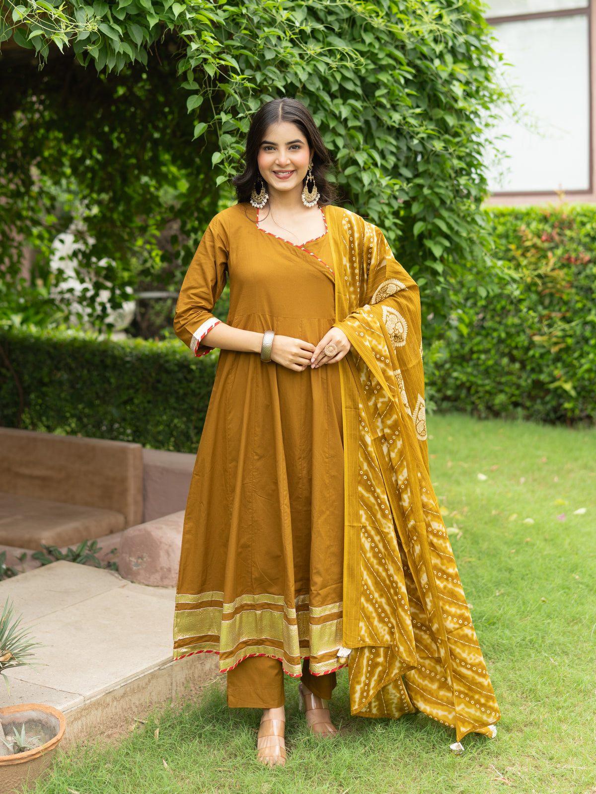 Zeenat Green Premium Cotton Bandhani Anarkali Dupatta Set