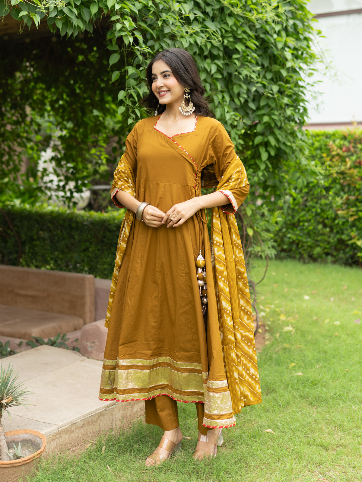 Zeenat Green Premium Cotton Bandhani Anarkali Dupatta Set
