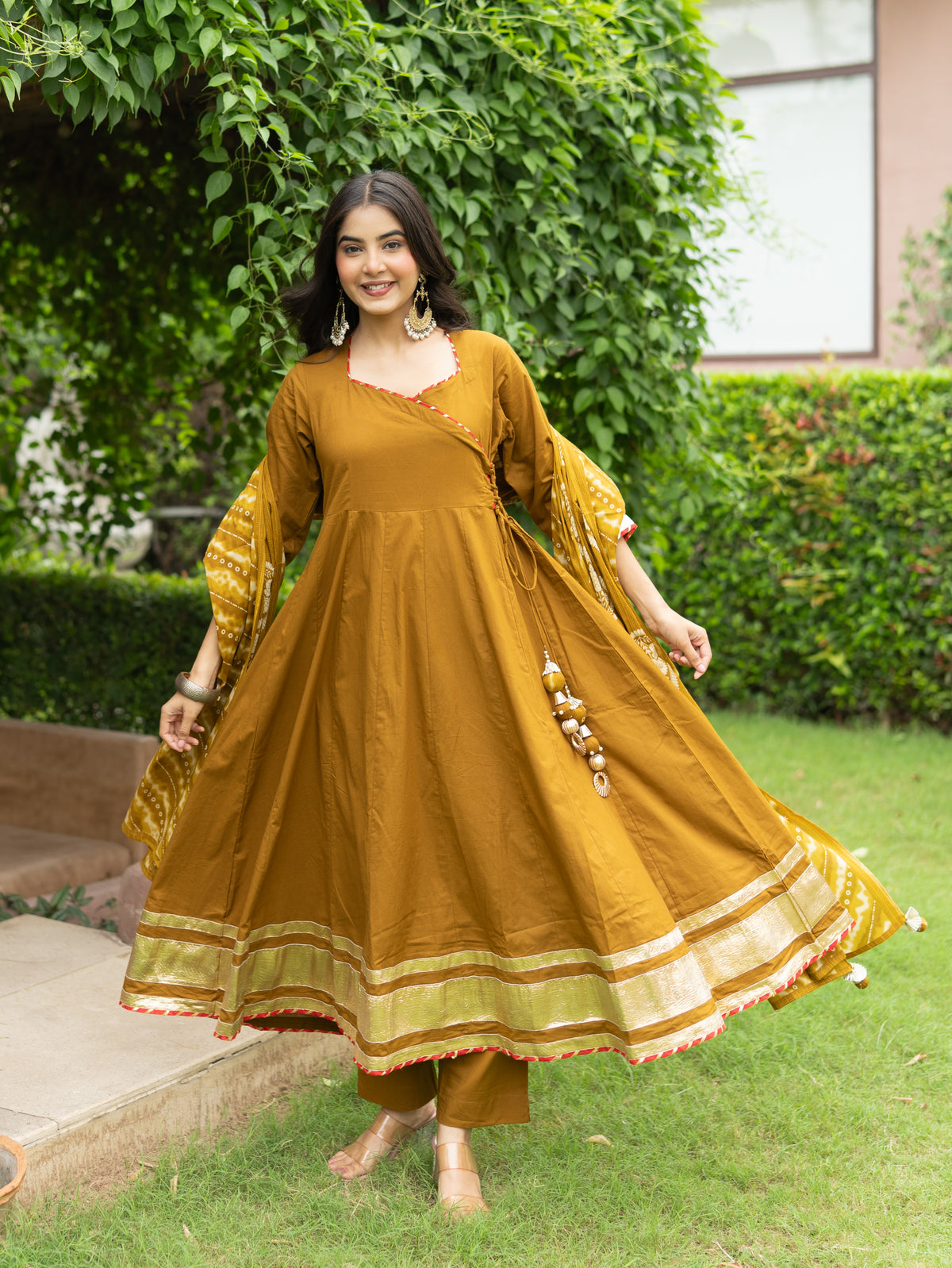 Zeenat Green Premium Cotton Bandhani Anarkali Dupatta Set