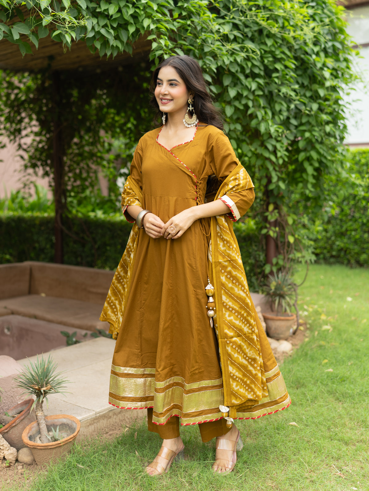Zeenat Green Premium Cotton Bandhani Anarkali Dupatta Set