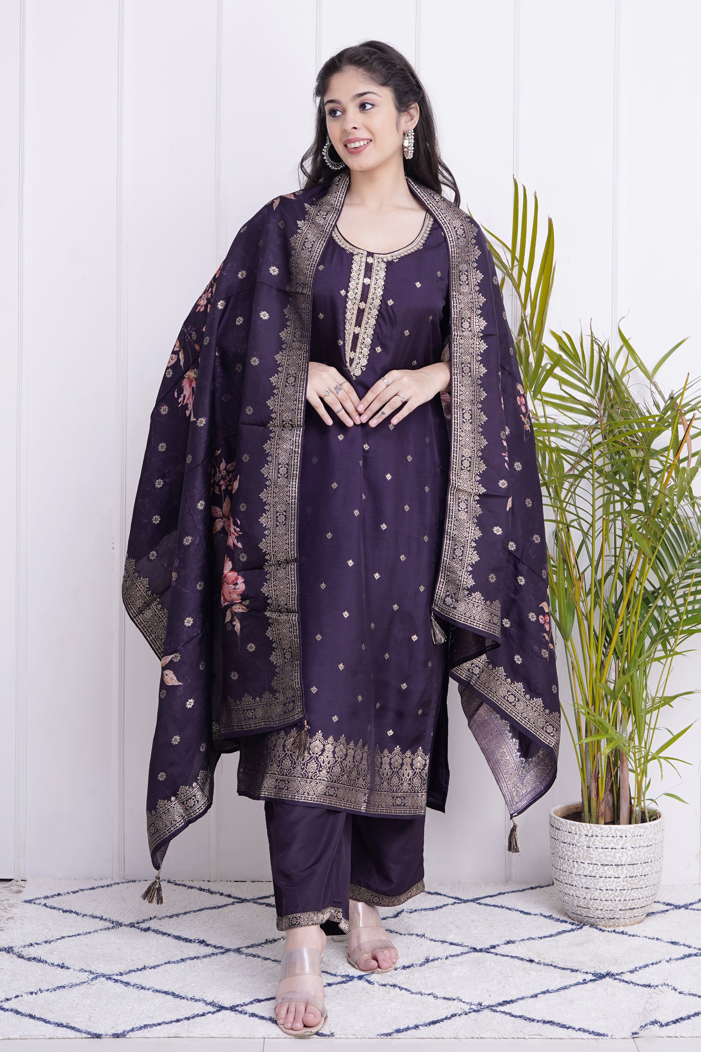 Festive Special Purple Silk embroidered Pant Set - The Jaipur Studio