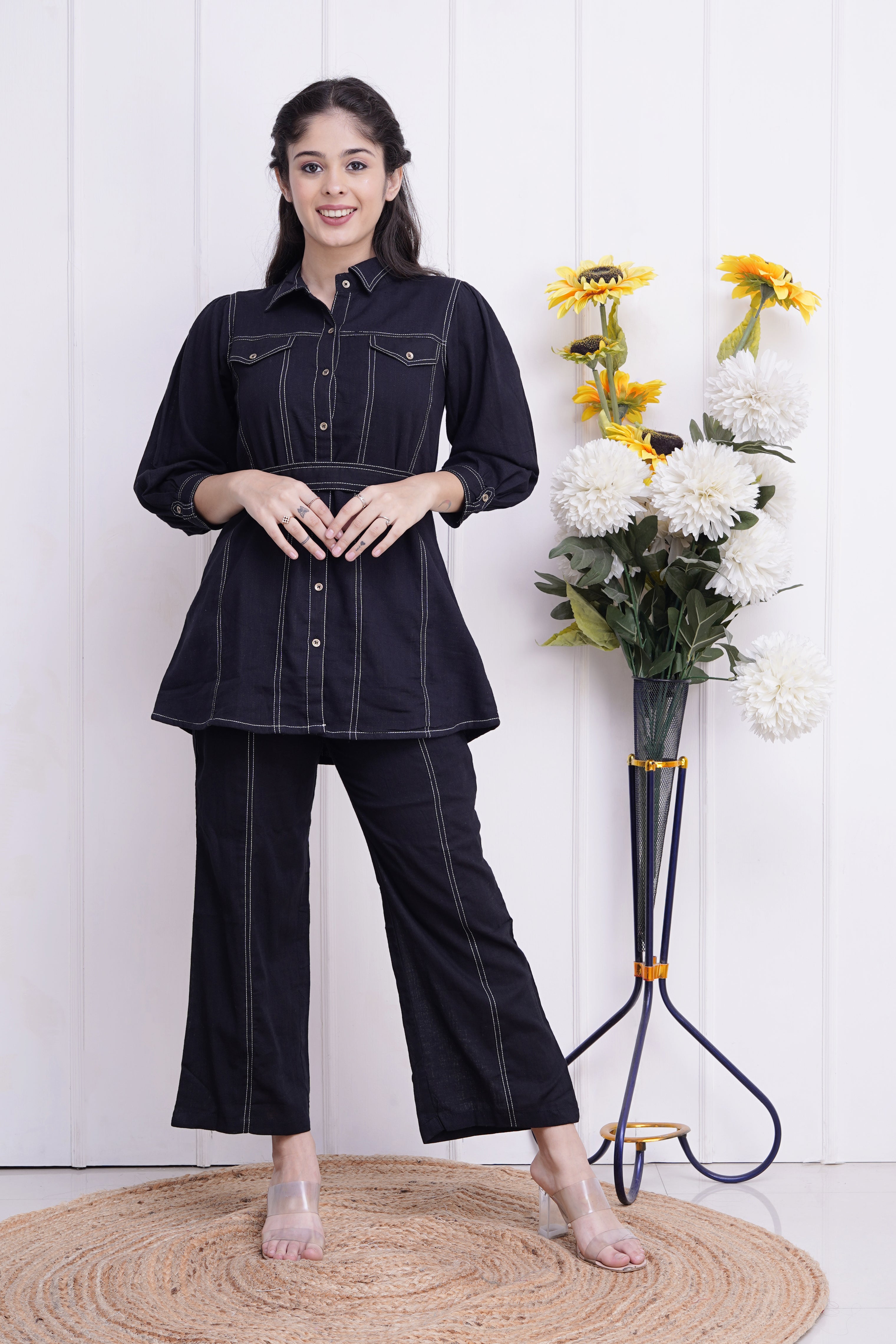 Cotton Collared Co-Ord Set with detachable Belt - The Jaipur Studio