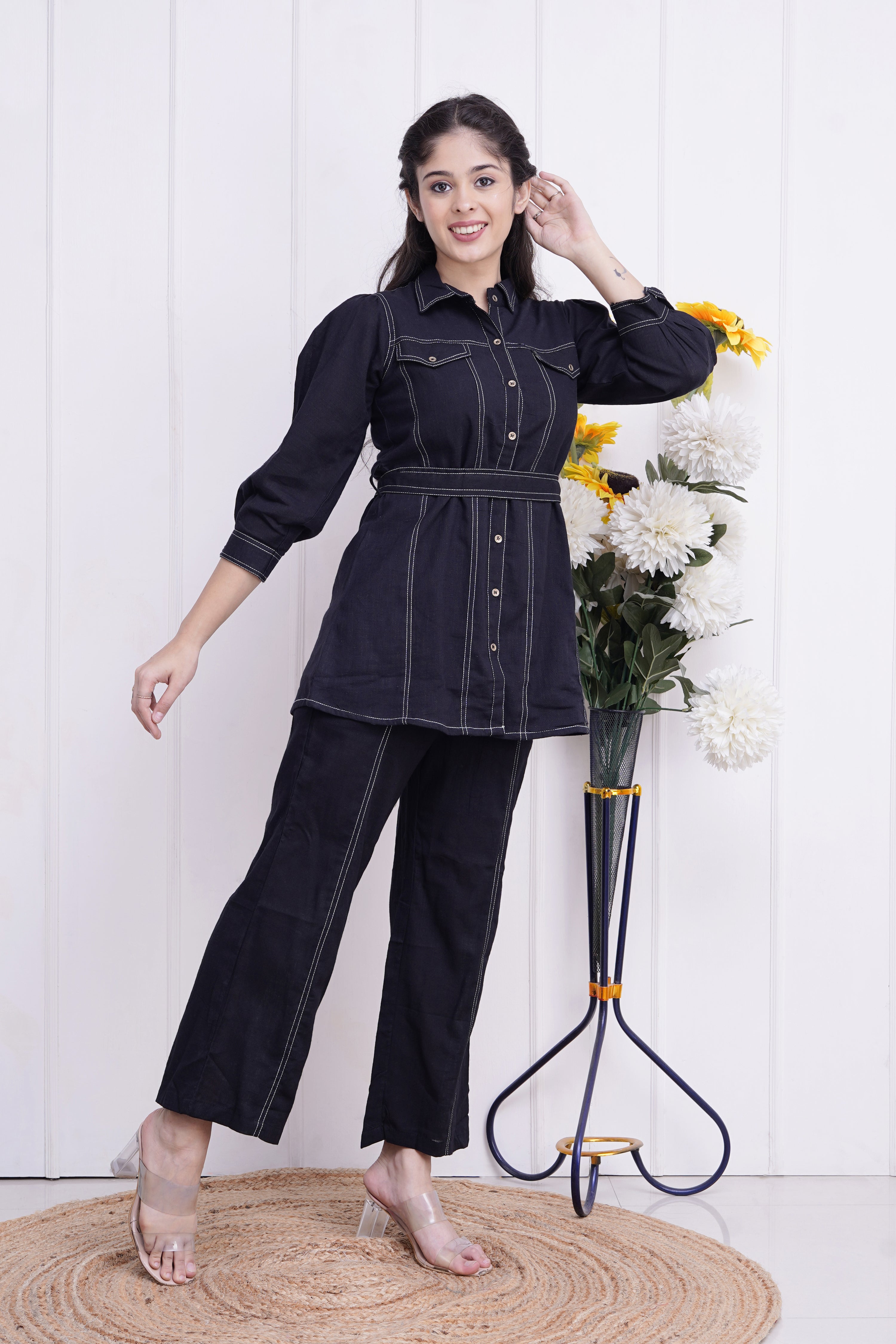 Cotton Collared Co-Ord Set with detachable Belt - The Jaipur Studio