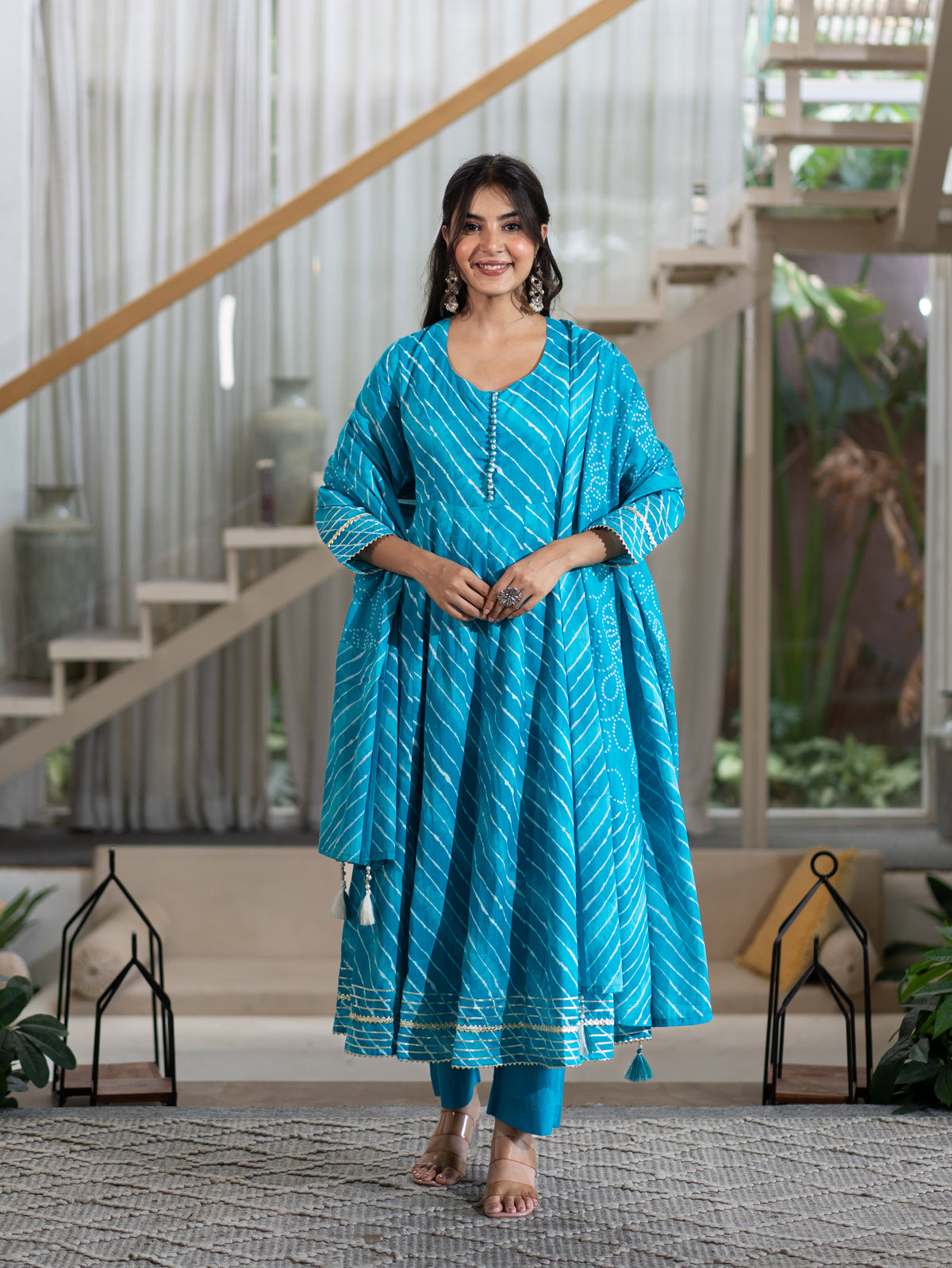 Prita Blue Mul Cotton Leheriya Anarkali Dupatta Set