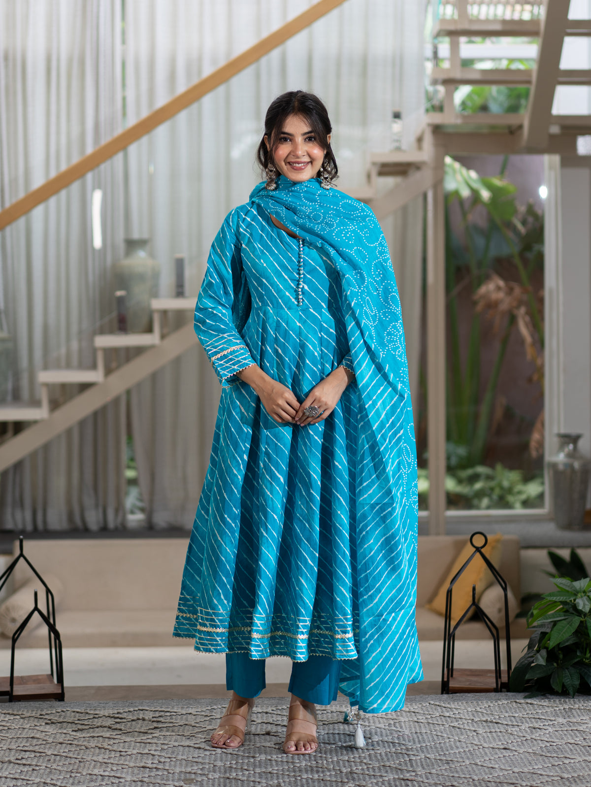 Prita Blue Mul Cotton Leheriya Anarkali Dupatta Set