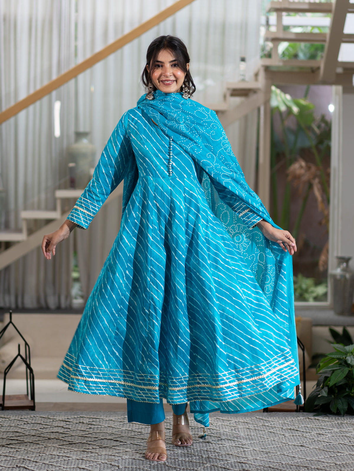 Prita Blue Mul Cotton Leheriya Anarkali Dupatta Set