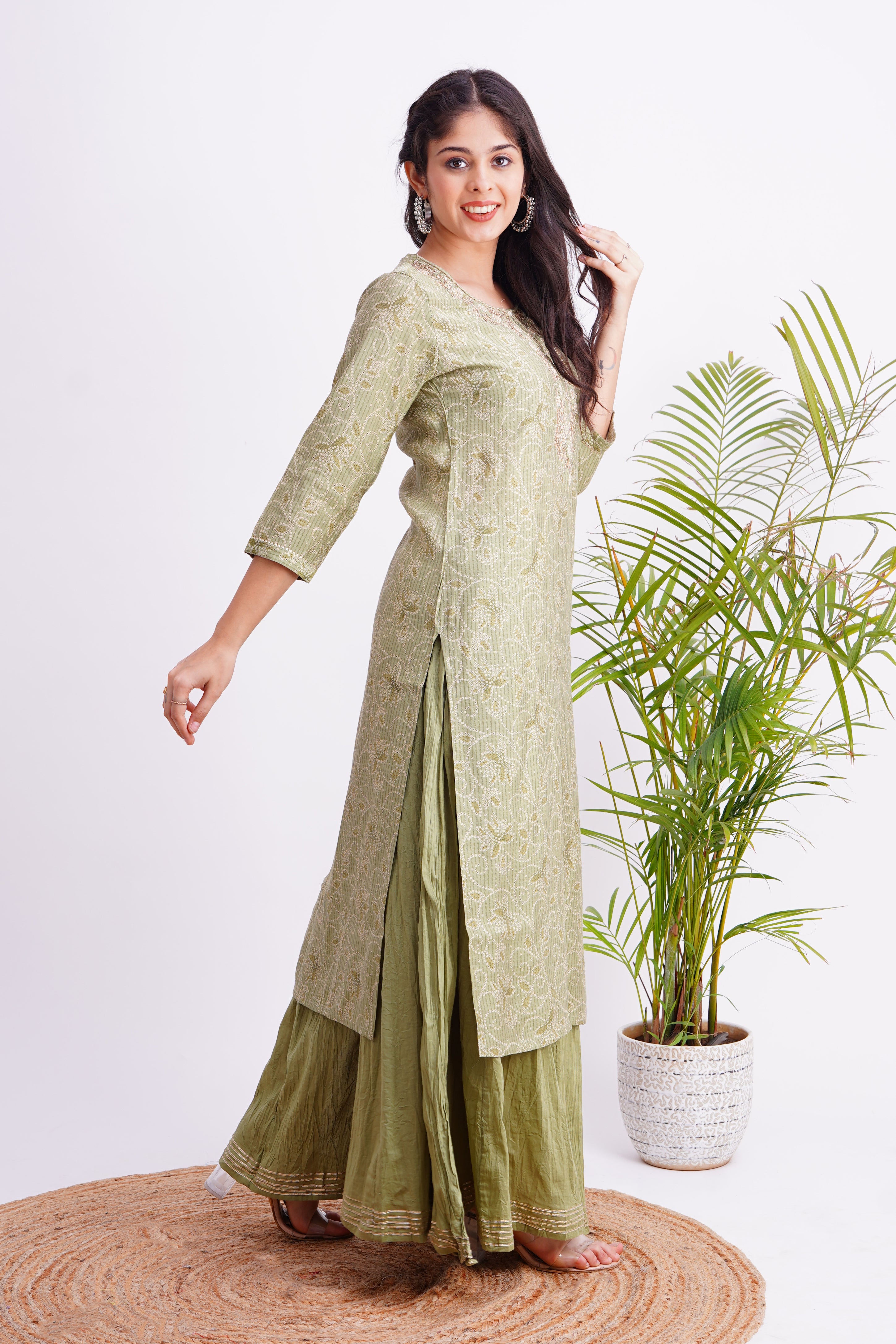 Bandhani Cotton Hand Embroidered Green Kurta Sharara set - The Jaipur Studio
