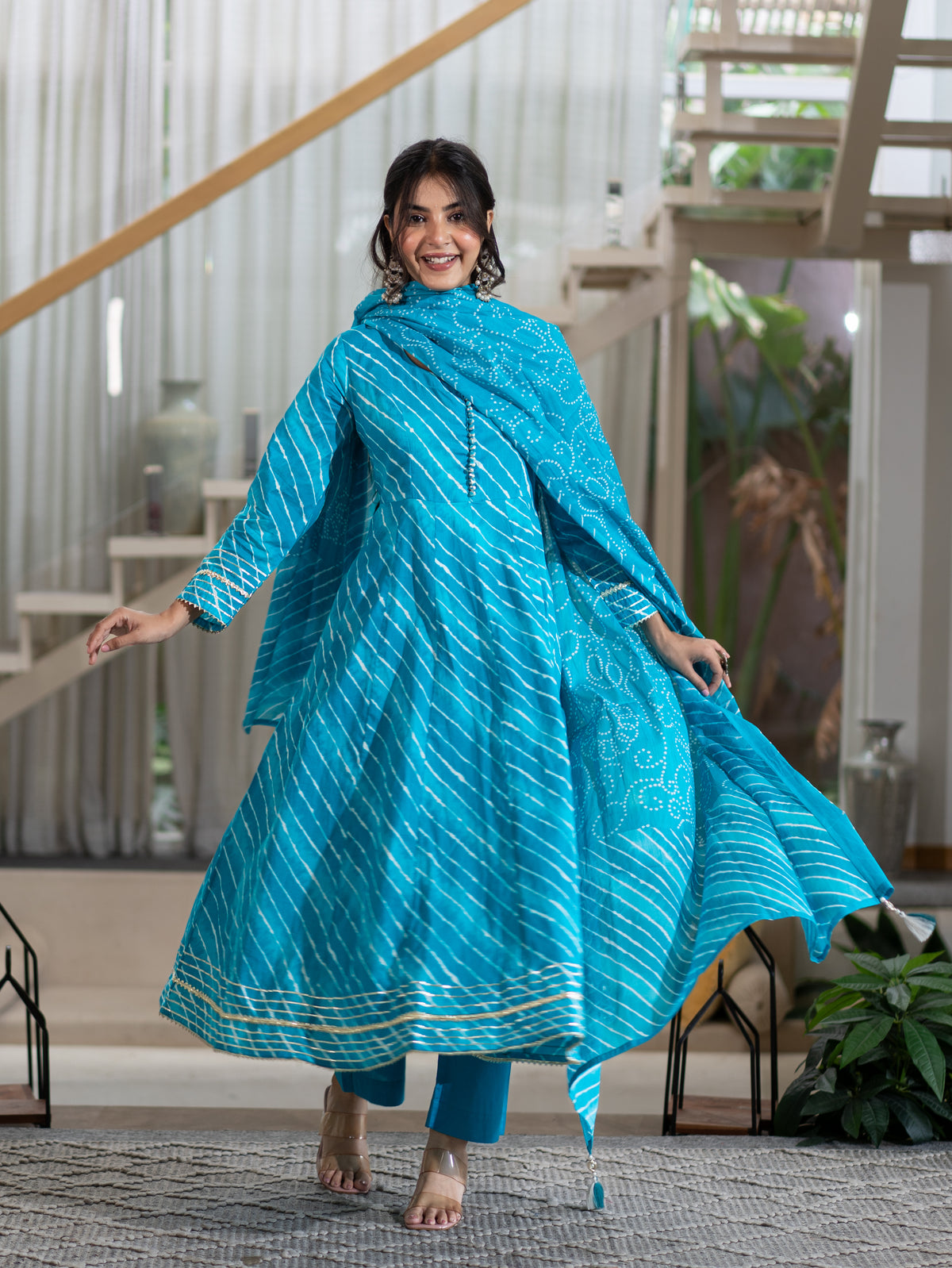 Prita Blue Mul Cotton Leheriya Anarkali Dupatta Set