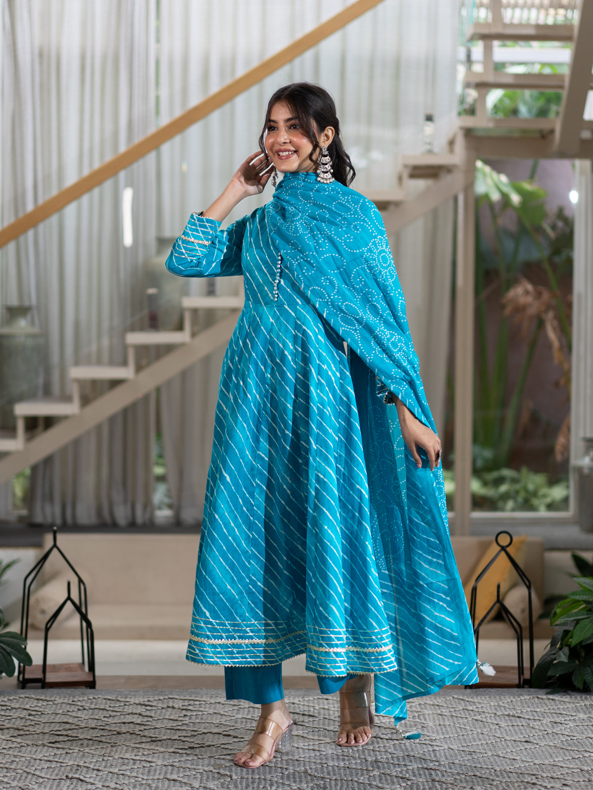 Prita Blue Mul Cotton Leheriya Anarkali Dupatta Set