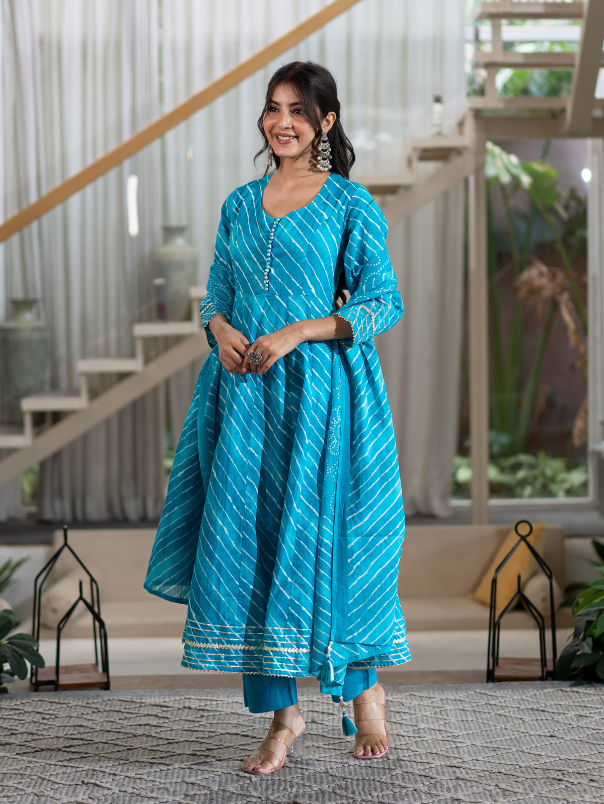 Prita Blue Mul Cotton Leheriya Anarkali Dupatta Set