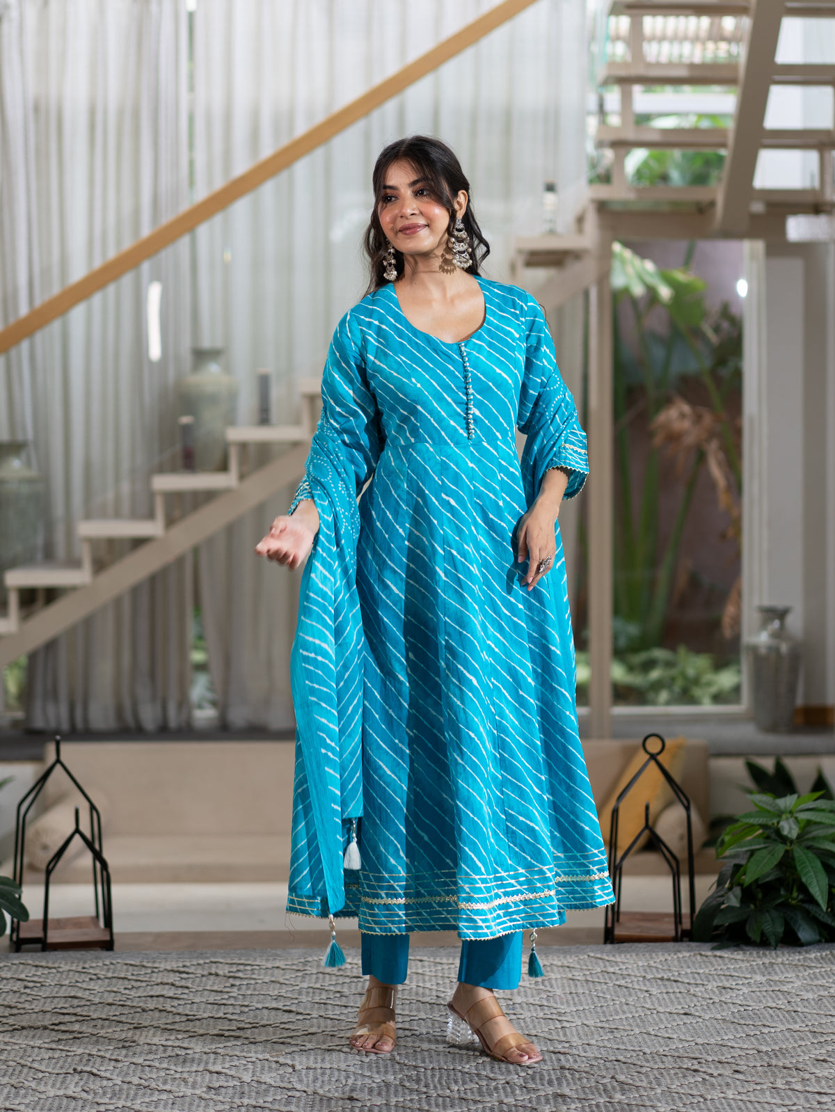 Prita Blue Mul Cotton Leheriya Anarkali Dupatta Set
