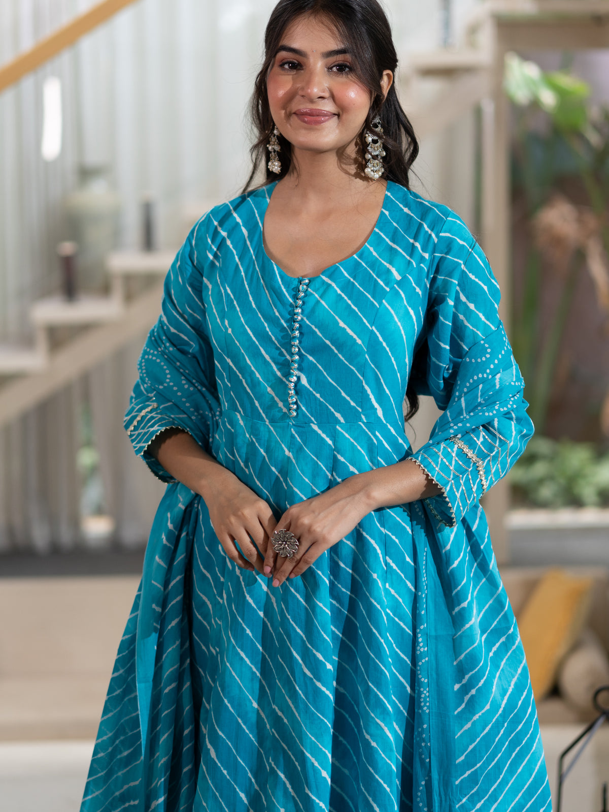 Prita Blue Mul Cotton Leheriya Anarkali Dupatta Set