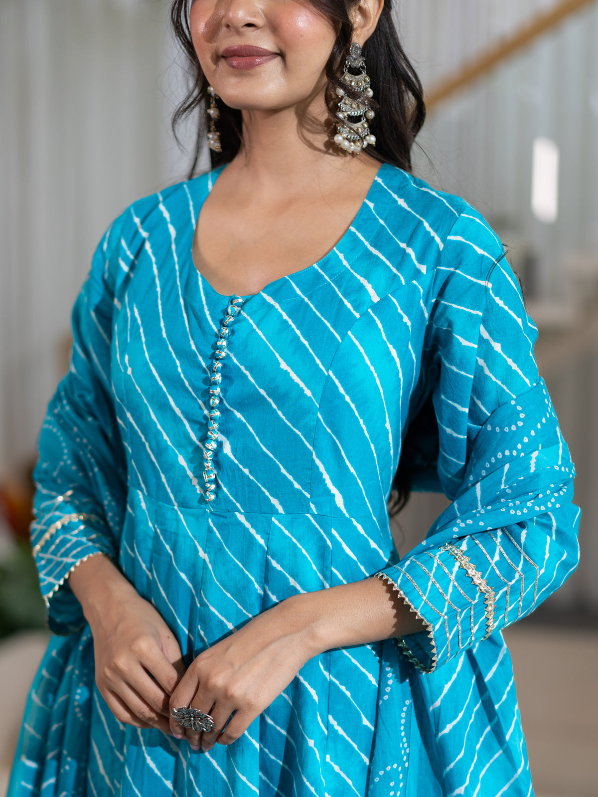 Prita Blue Mul Cotton Leheriya Anarkali Dupatta Set