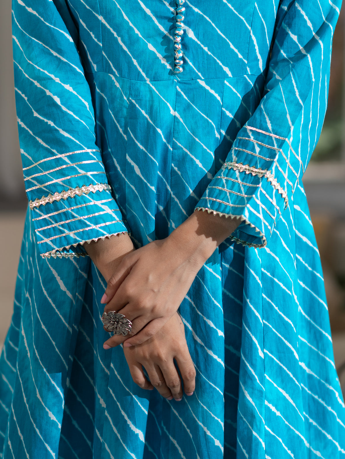 Prita Blue Mul Cotton Leheriya Anarkali Dupatta Set