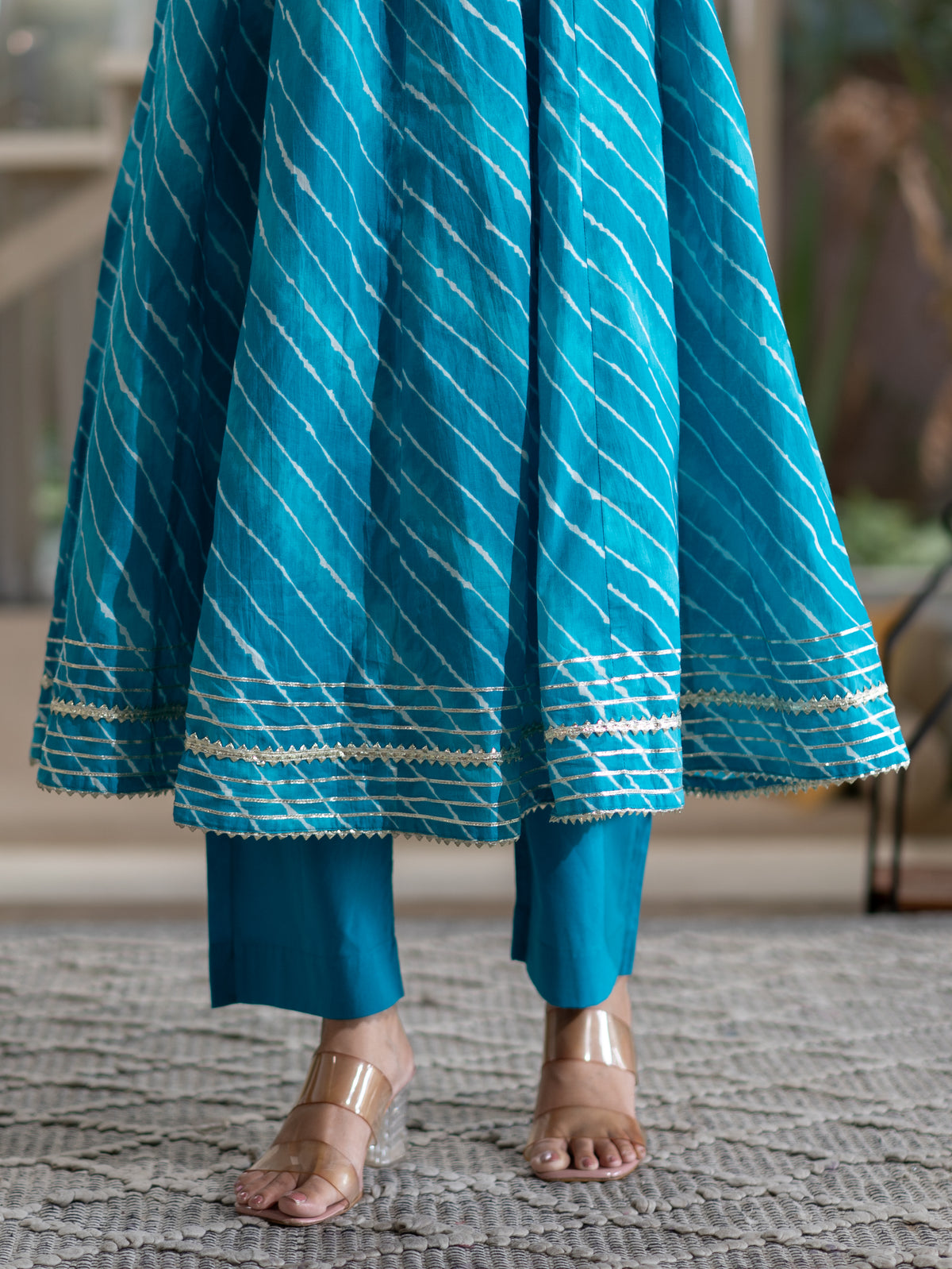 Prita Blue Mul Cotton Leheriya Anarkali Dupatta Set