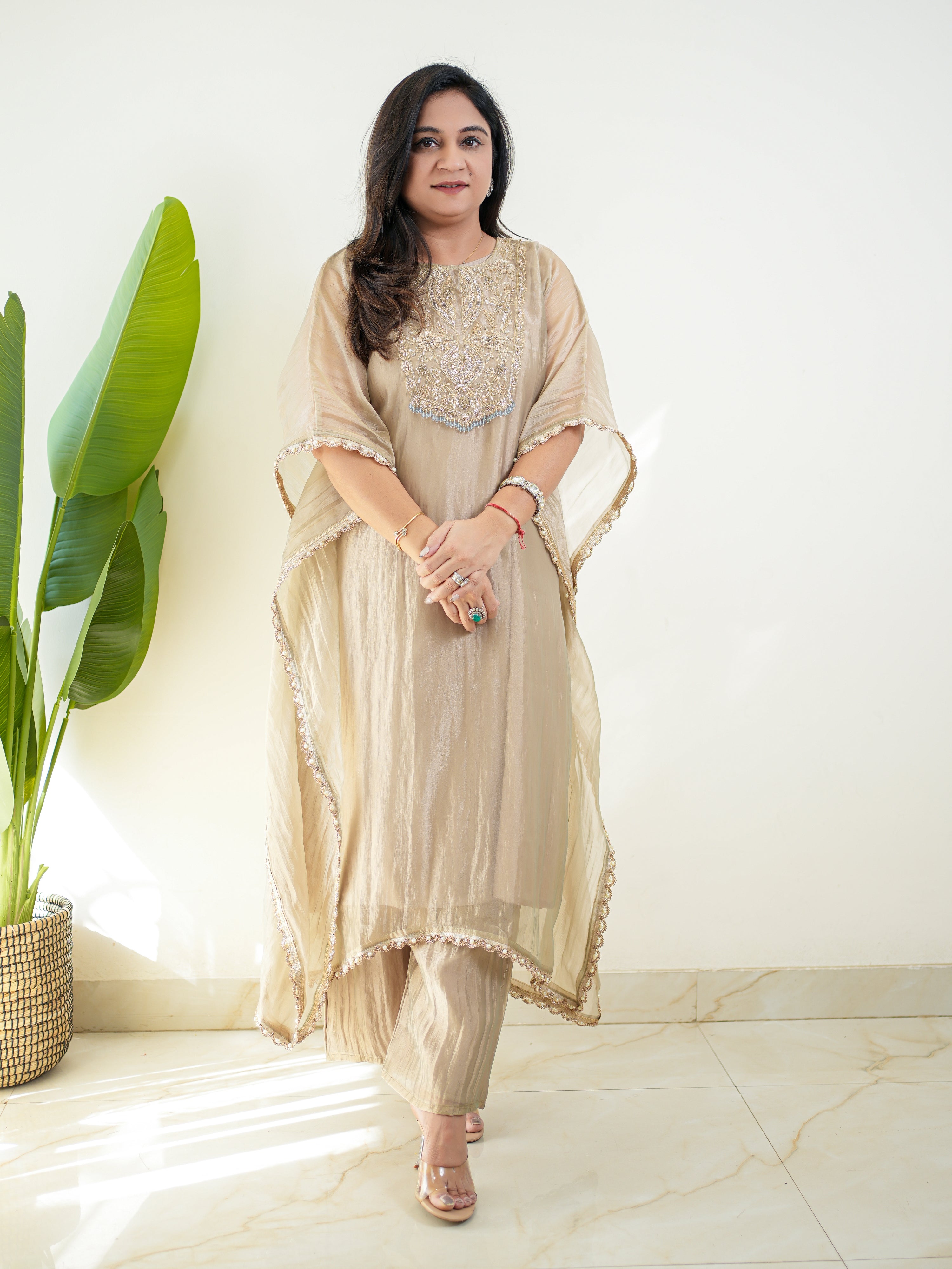 Kriti Shimmer Tissue HandEmbroidered Kaftan Set - The Jaipur Studio