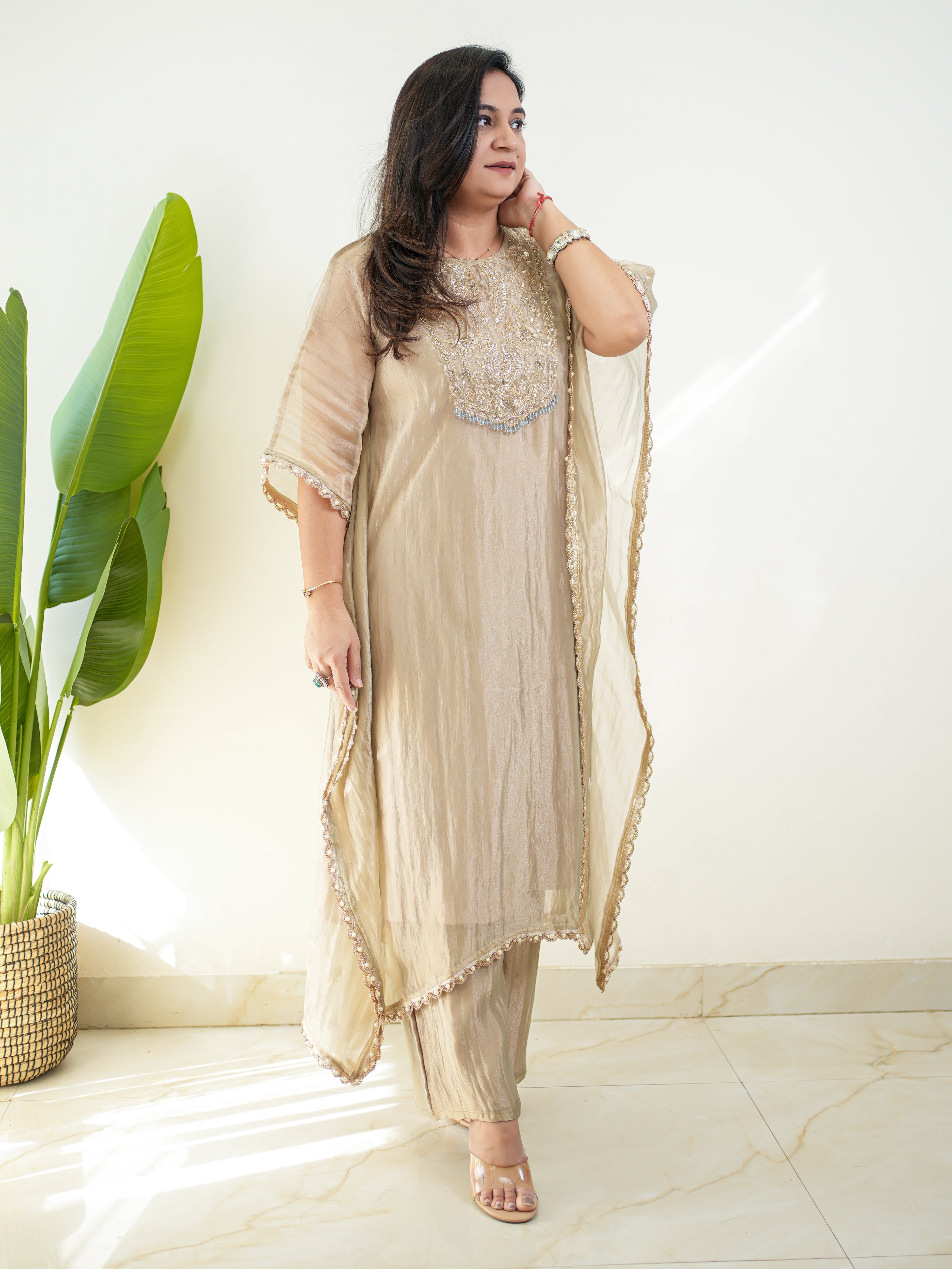 Kriti Shimmer Tissue HandEmbroidered Kaftan Set - The Jaipur Studio
