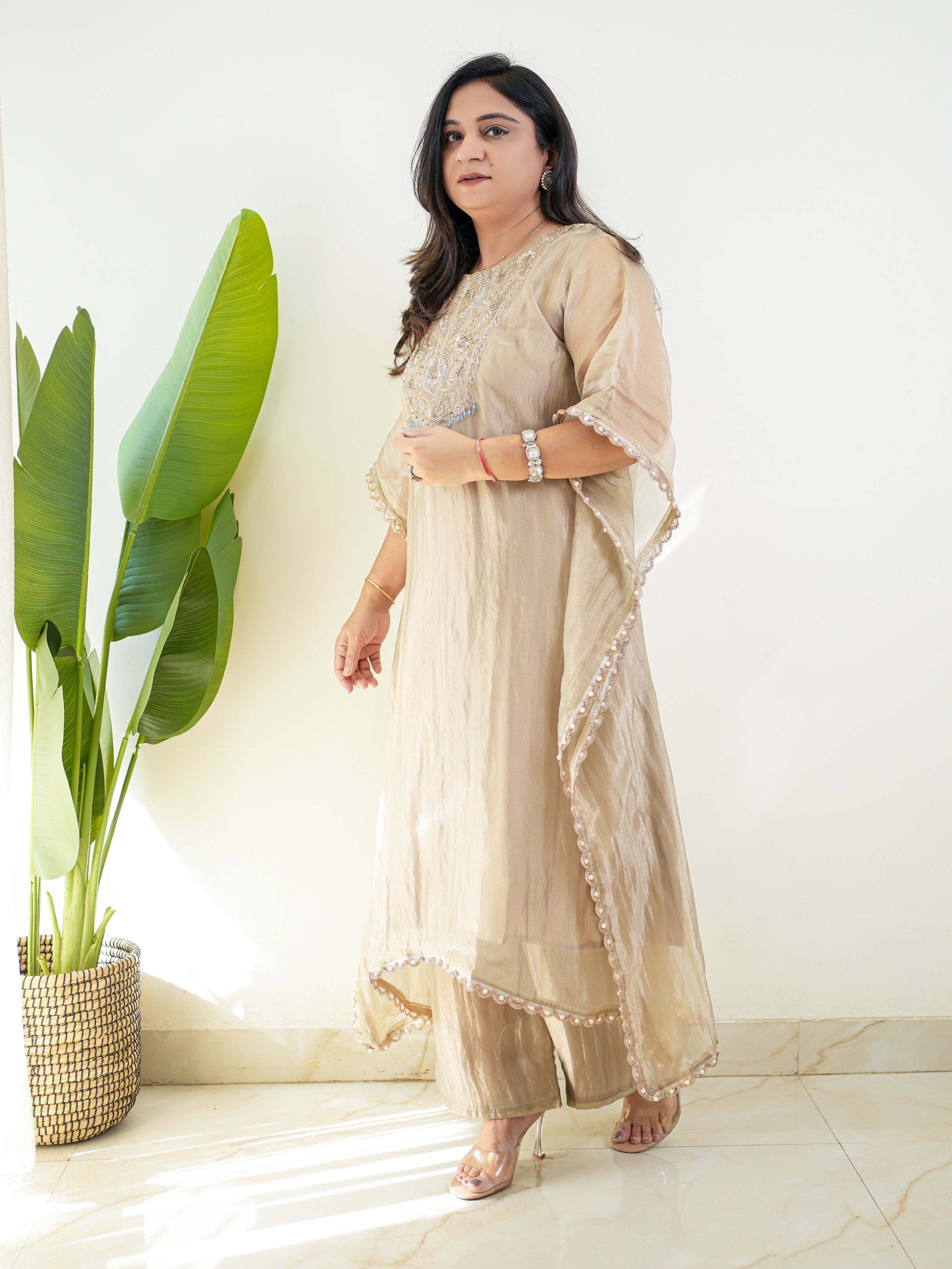 Kriti Shimmer Tissue HandEmbroidered Kaftan Set - The Jaipur Studio