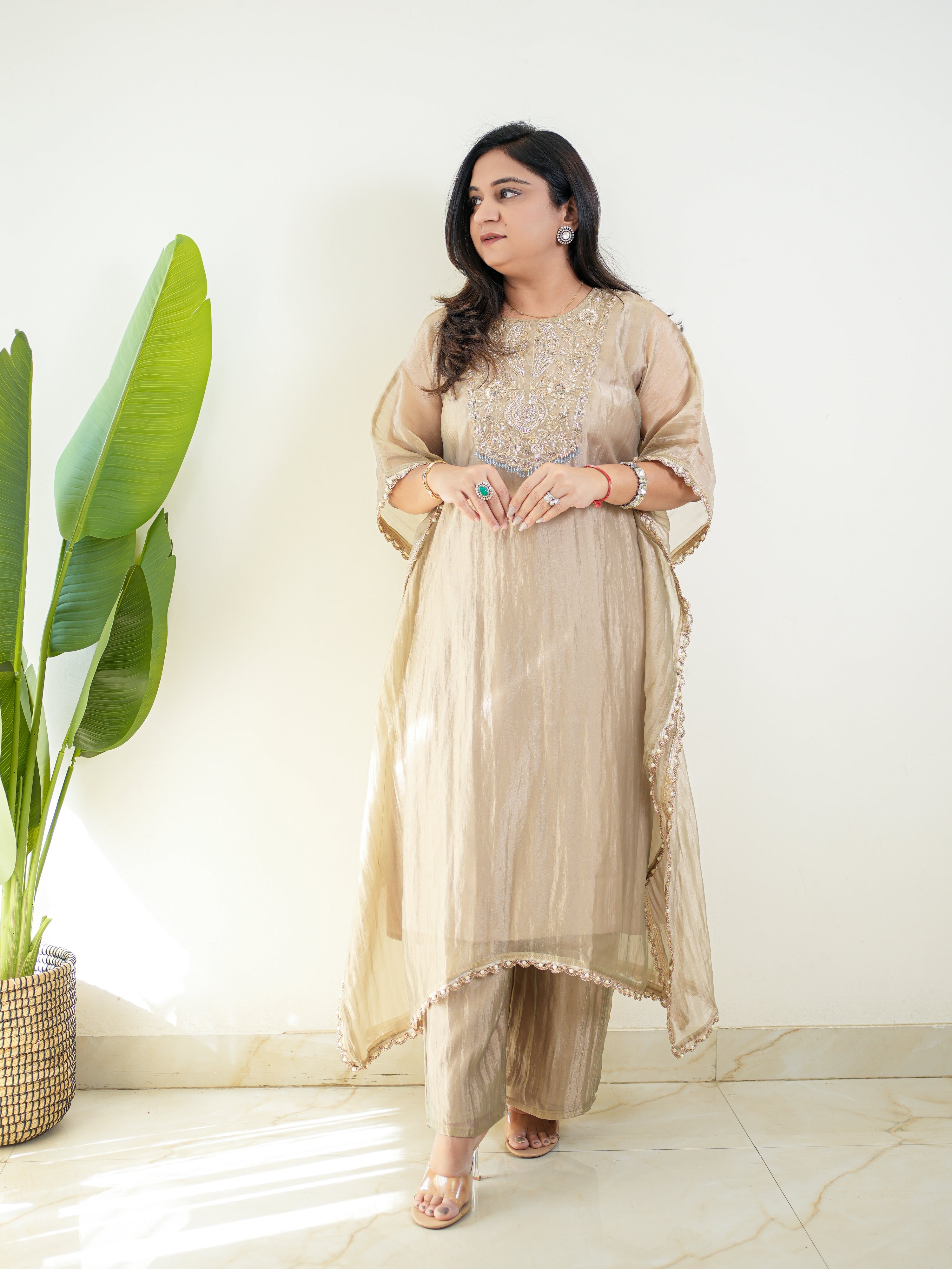 Kriti Shimmer Tissue HandEmbroidered Kaftan Set - The Jaipur Studio
