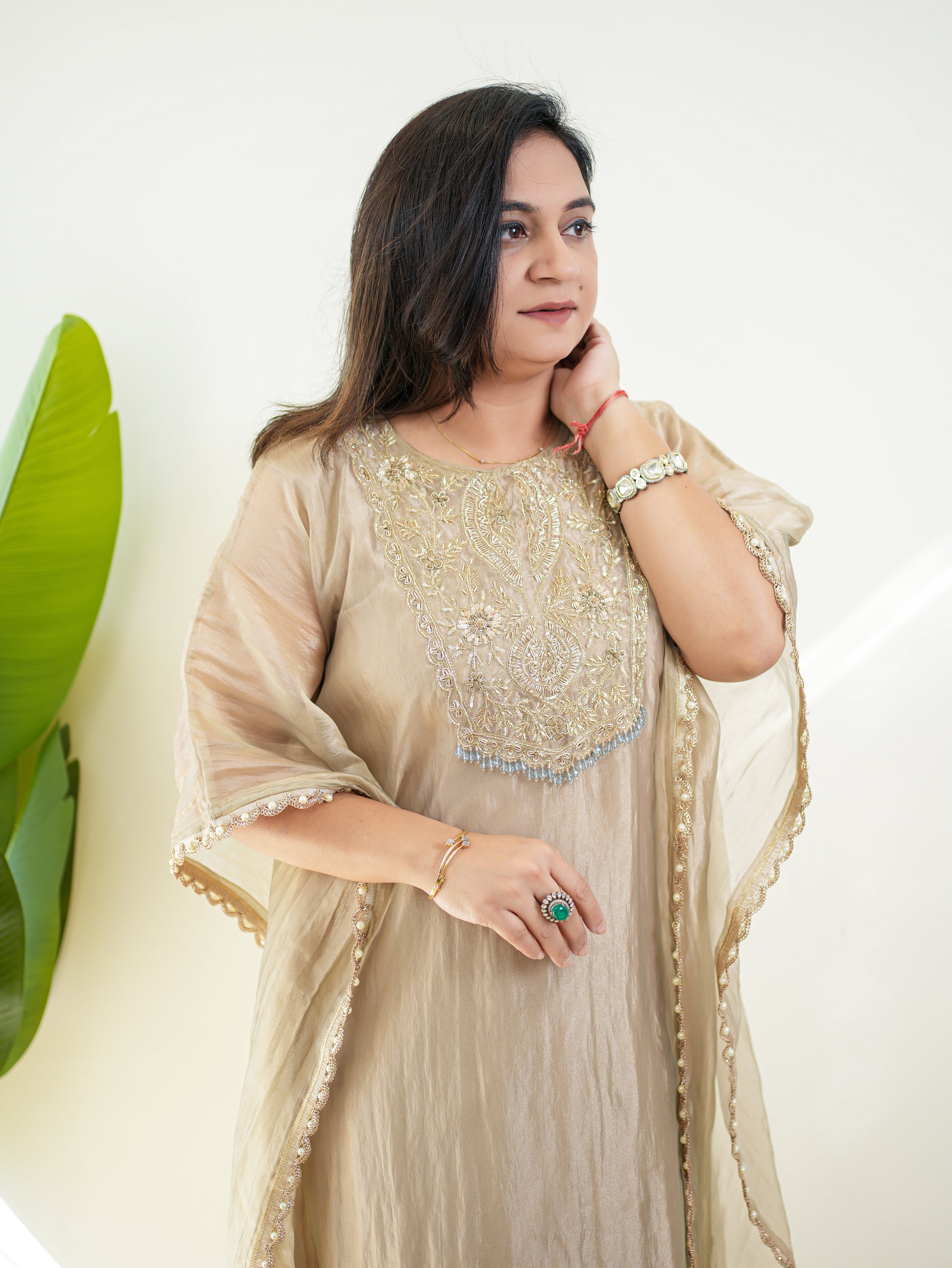 Kriti Shimmer Tissue HandEmbroidered Kaftan Set - The Jaipur Studio