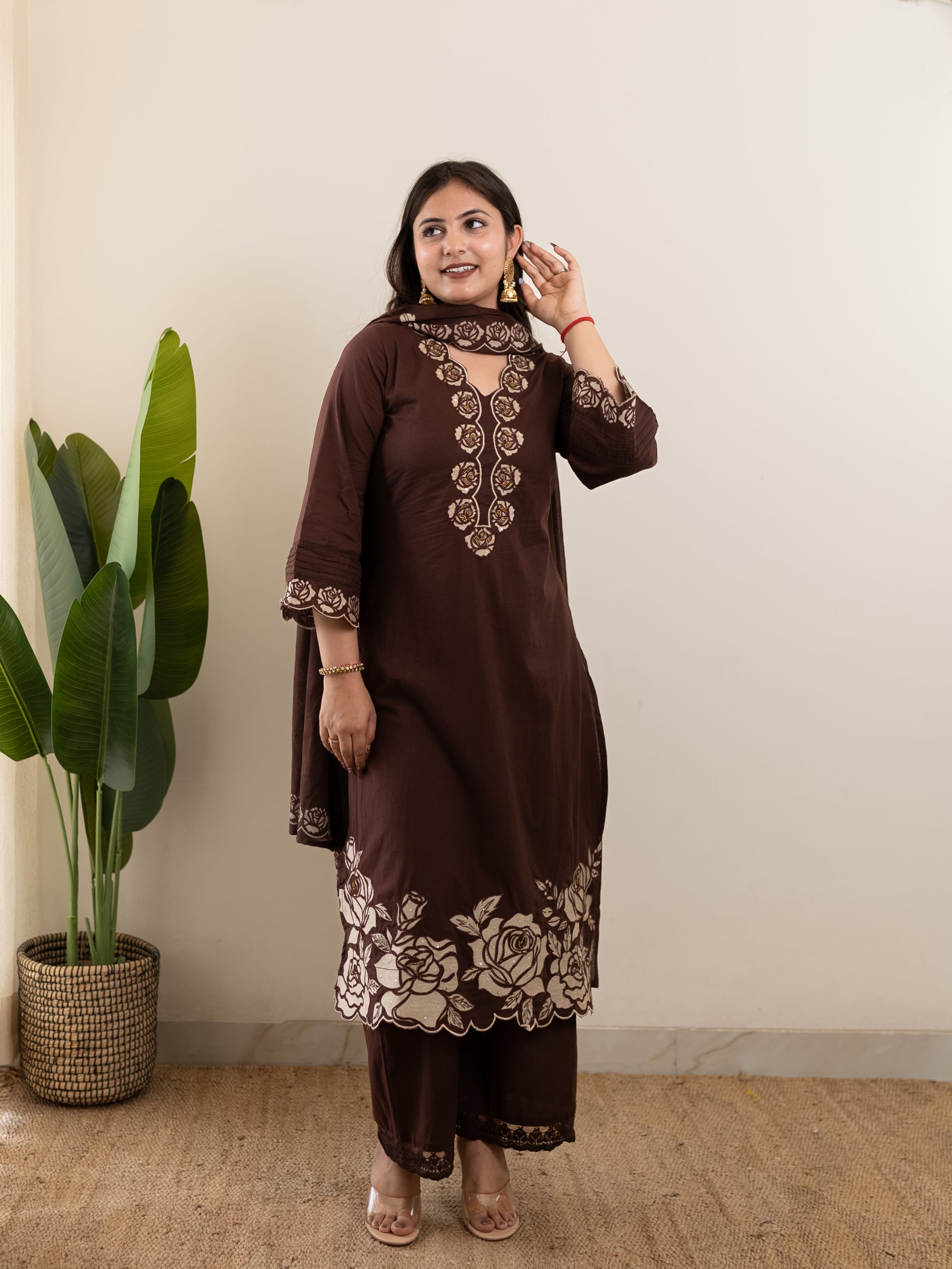 Sejal Brown Cotton Cutwork Applique HandEmbroidered Pant set