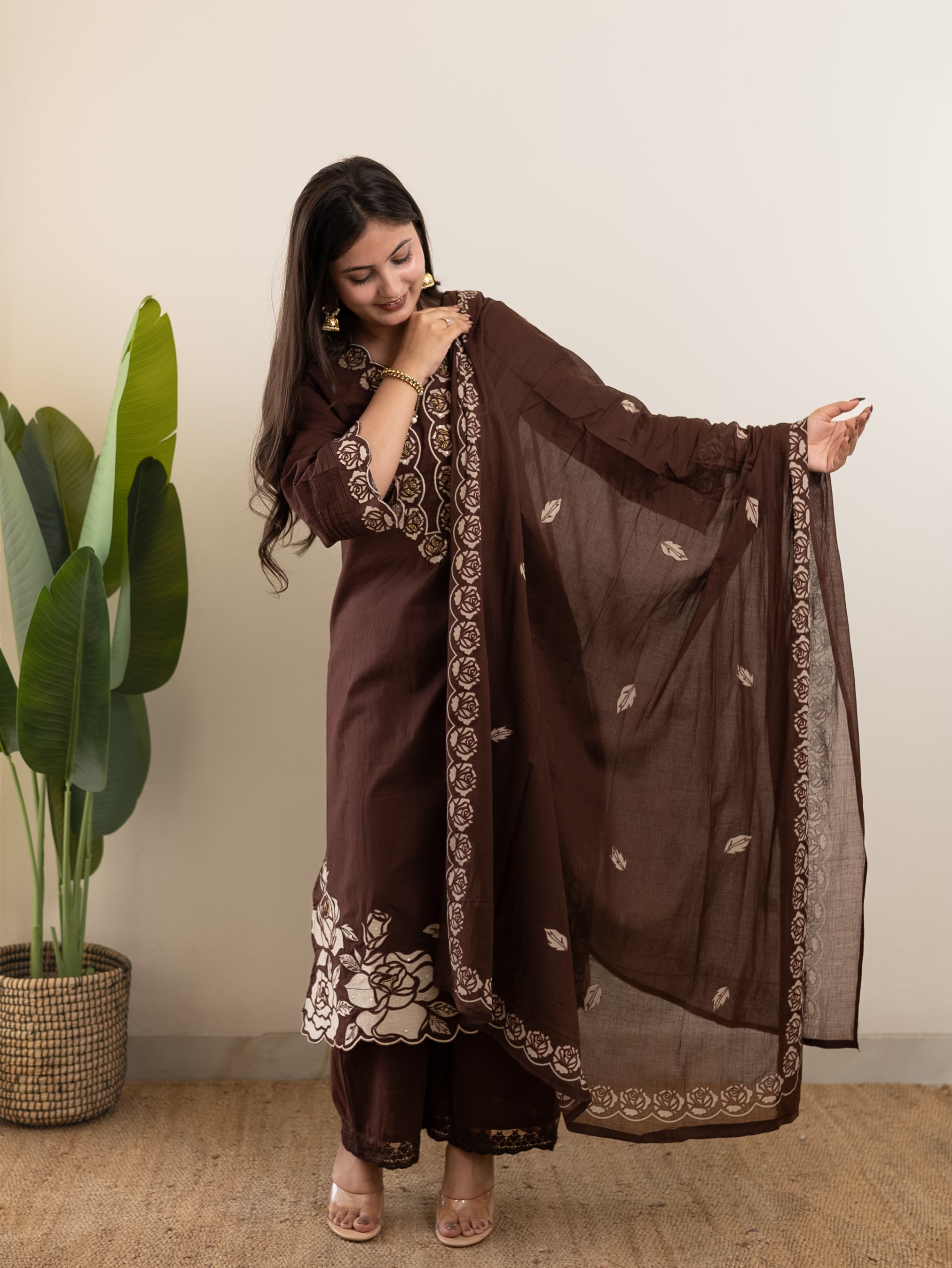 Sejal Brown Cotton Cutwork Applique HandEmbroidered Pant set