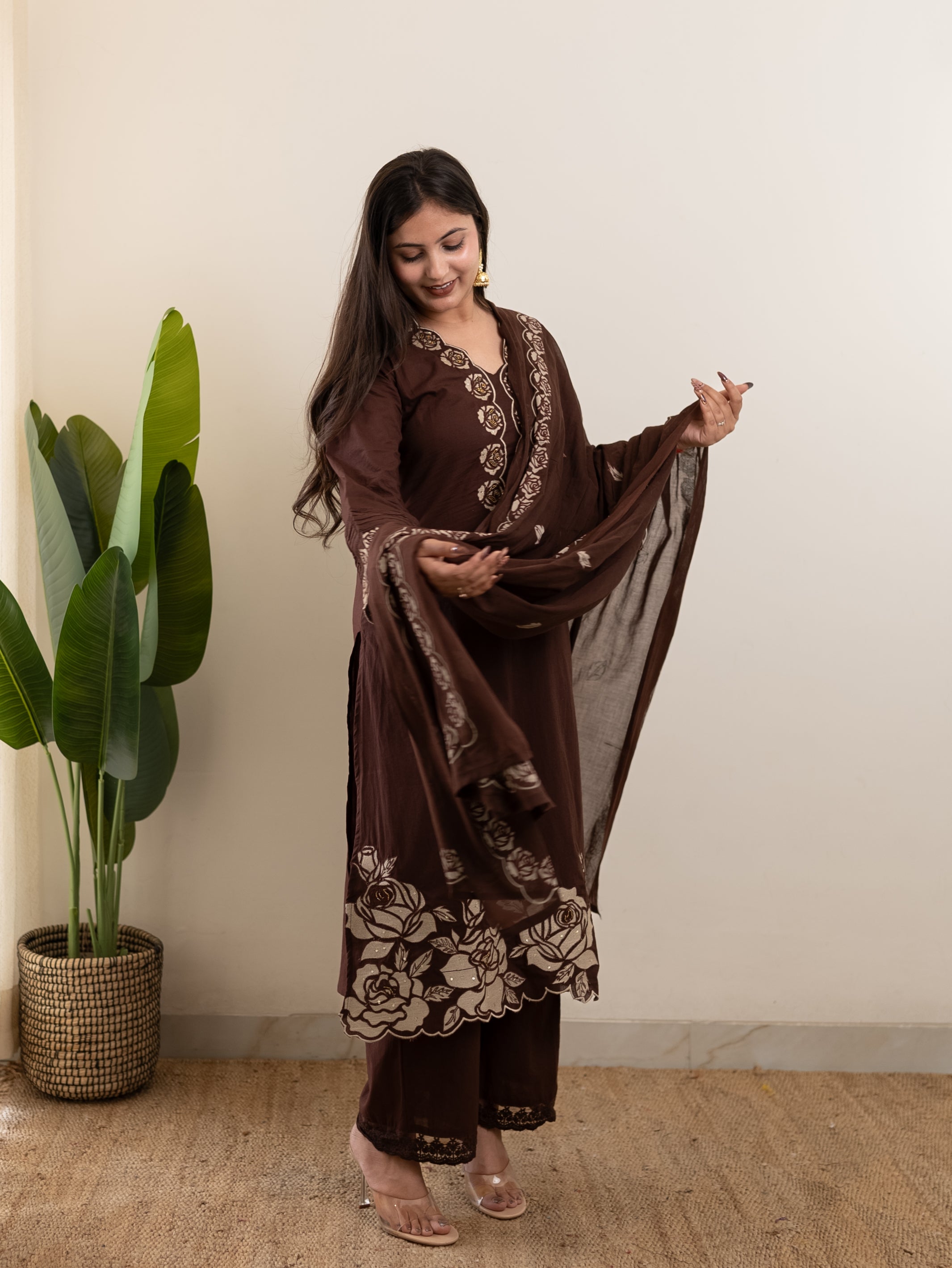 Sejal Brown Cotton Cutwork Applique HandEmbroidered Pant set