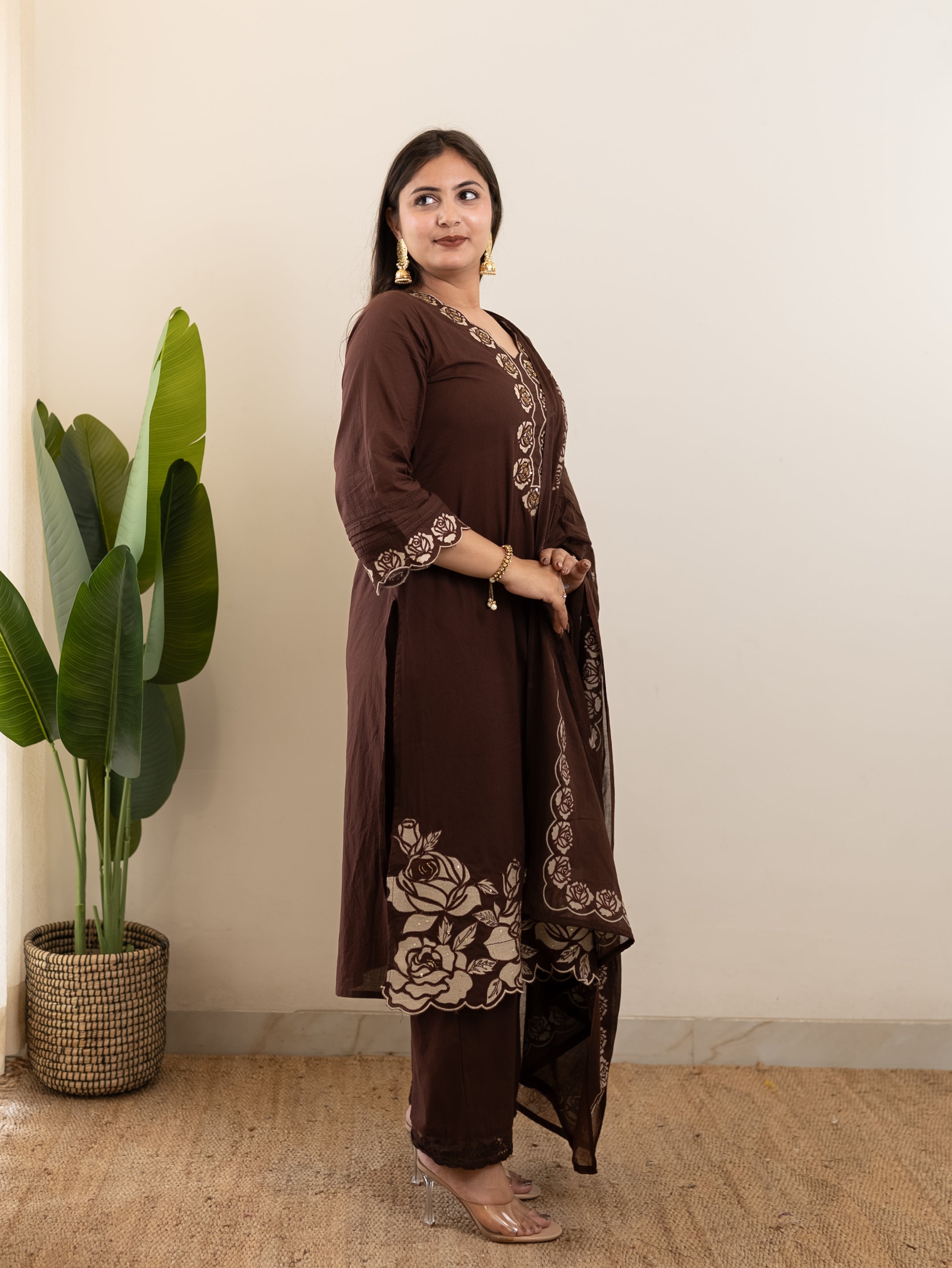 Sejal Brown Cotton Cutwork Applique HandEmbroidered Pant set
