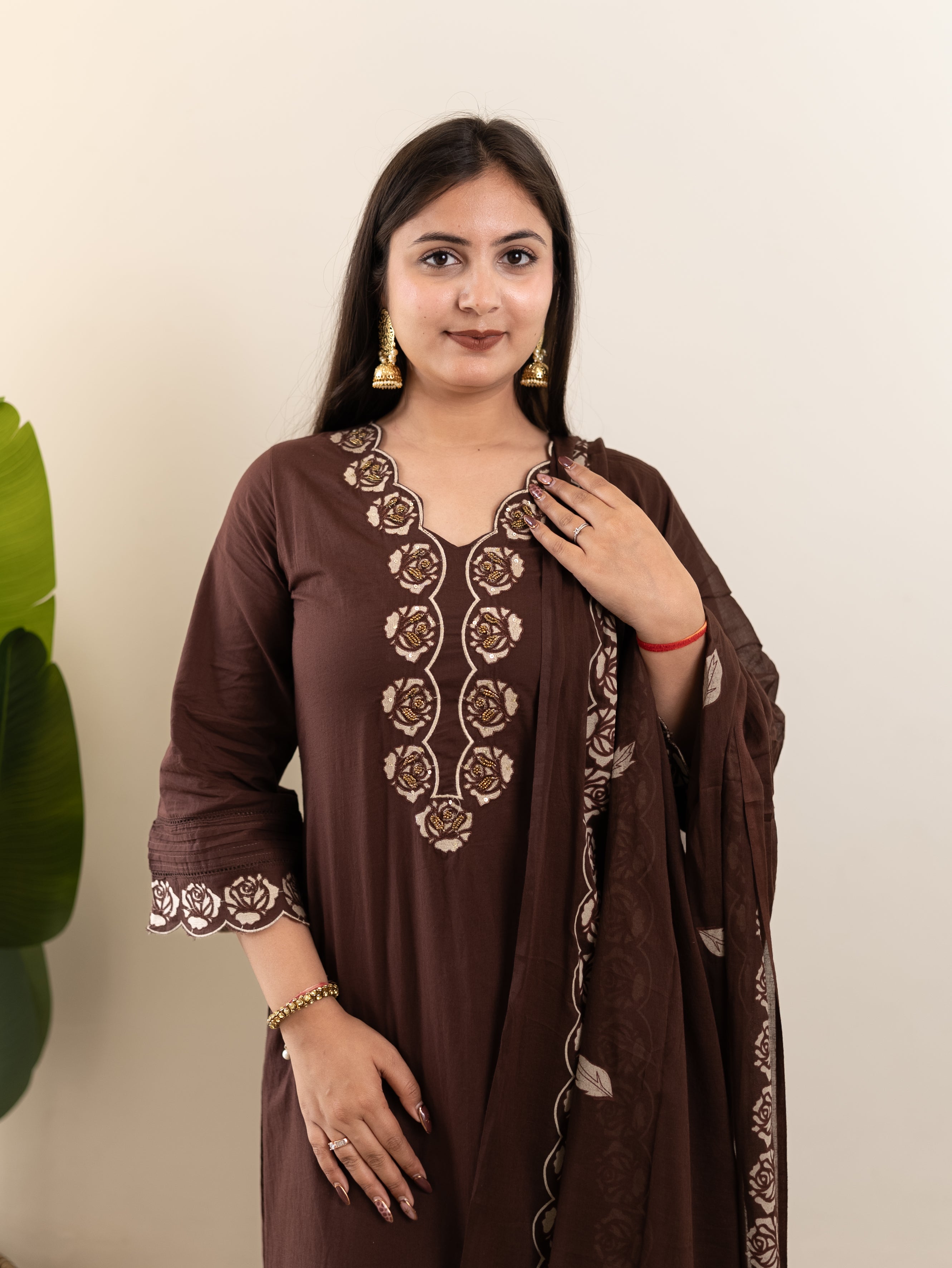 Sejal Brown Cotton Cutwork Applique HandEmbroidered Pant set