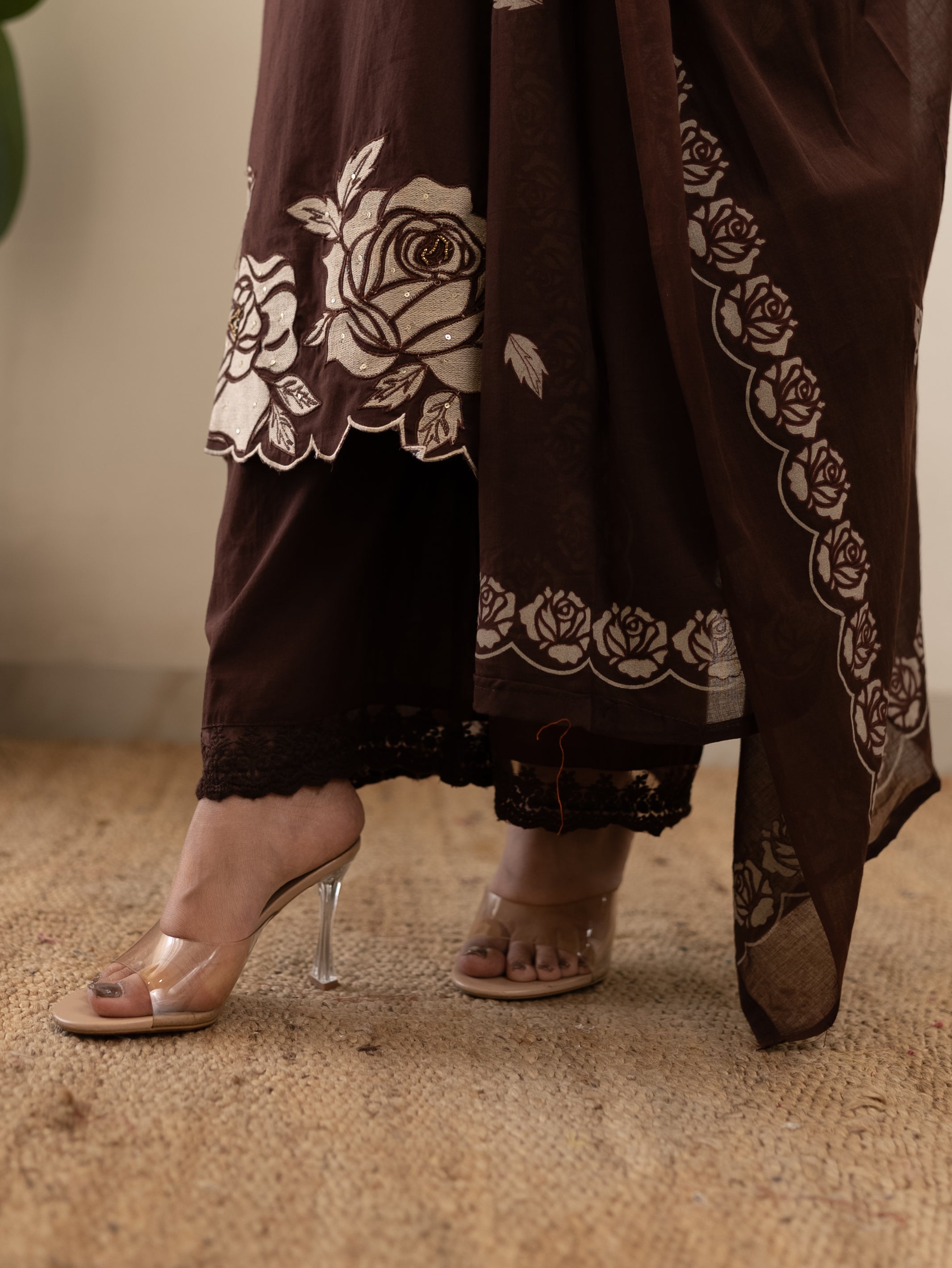 Sejal Brown Cotton Cutwork Applique HandEmbroidered Pant set