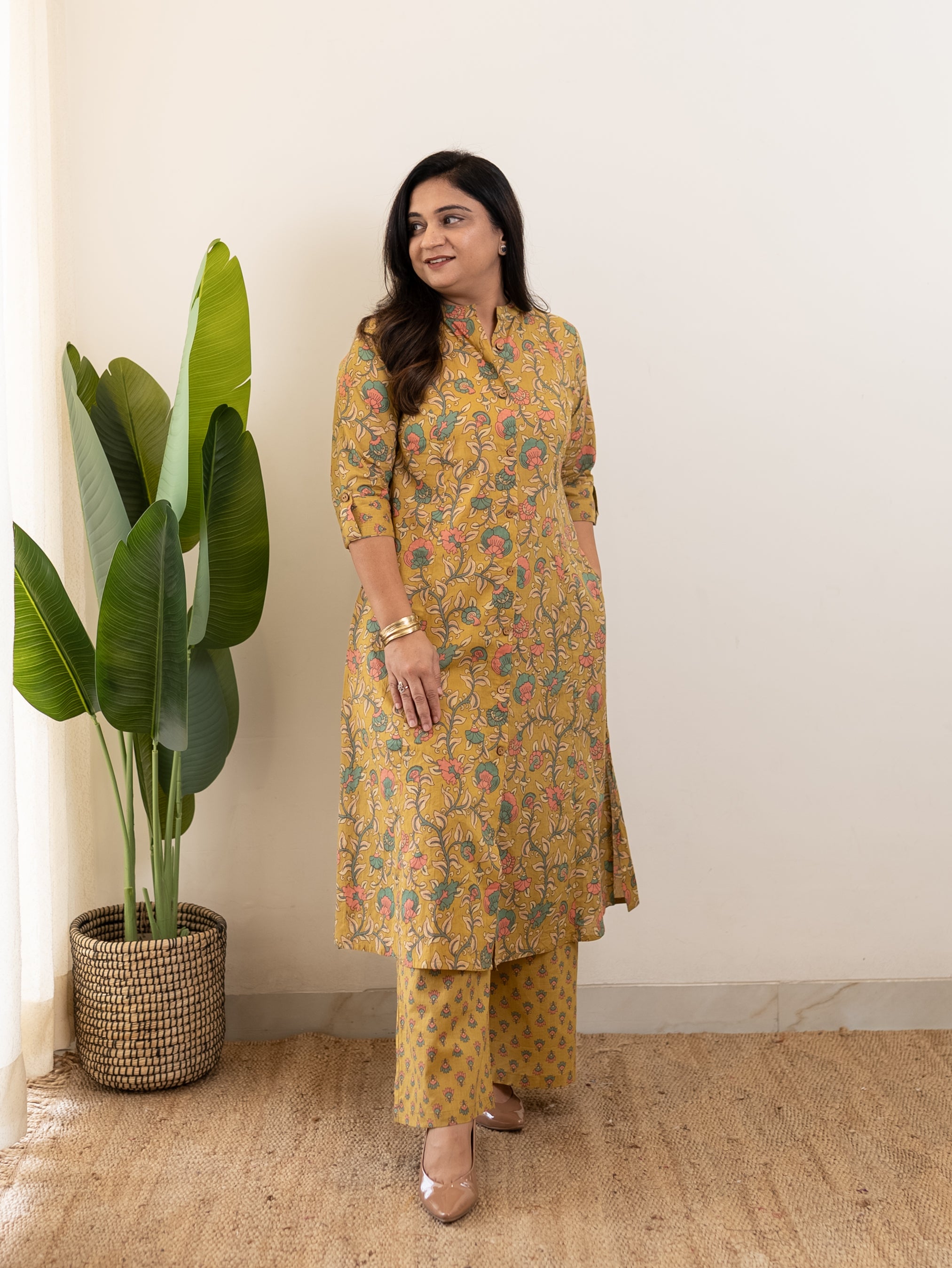 Gul Mustard Floral A-line Cotton Coord Set