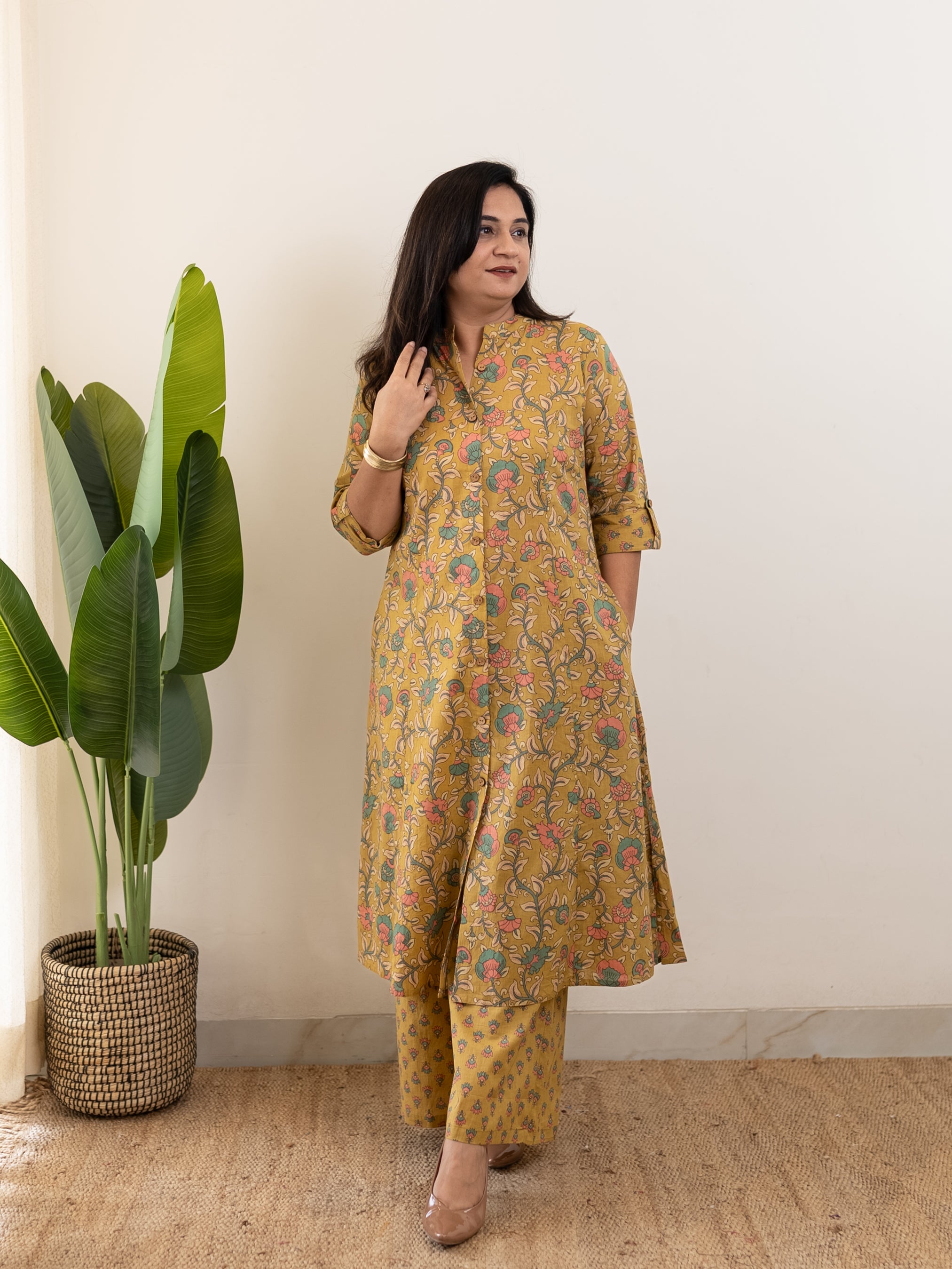 Gul Mustard Floral A-line Cotton Coord Set