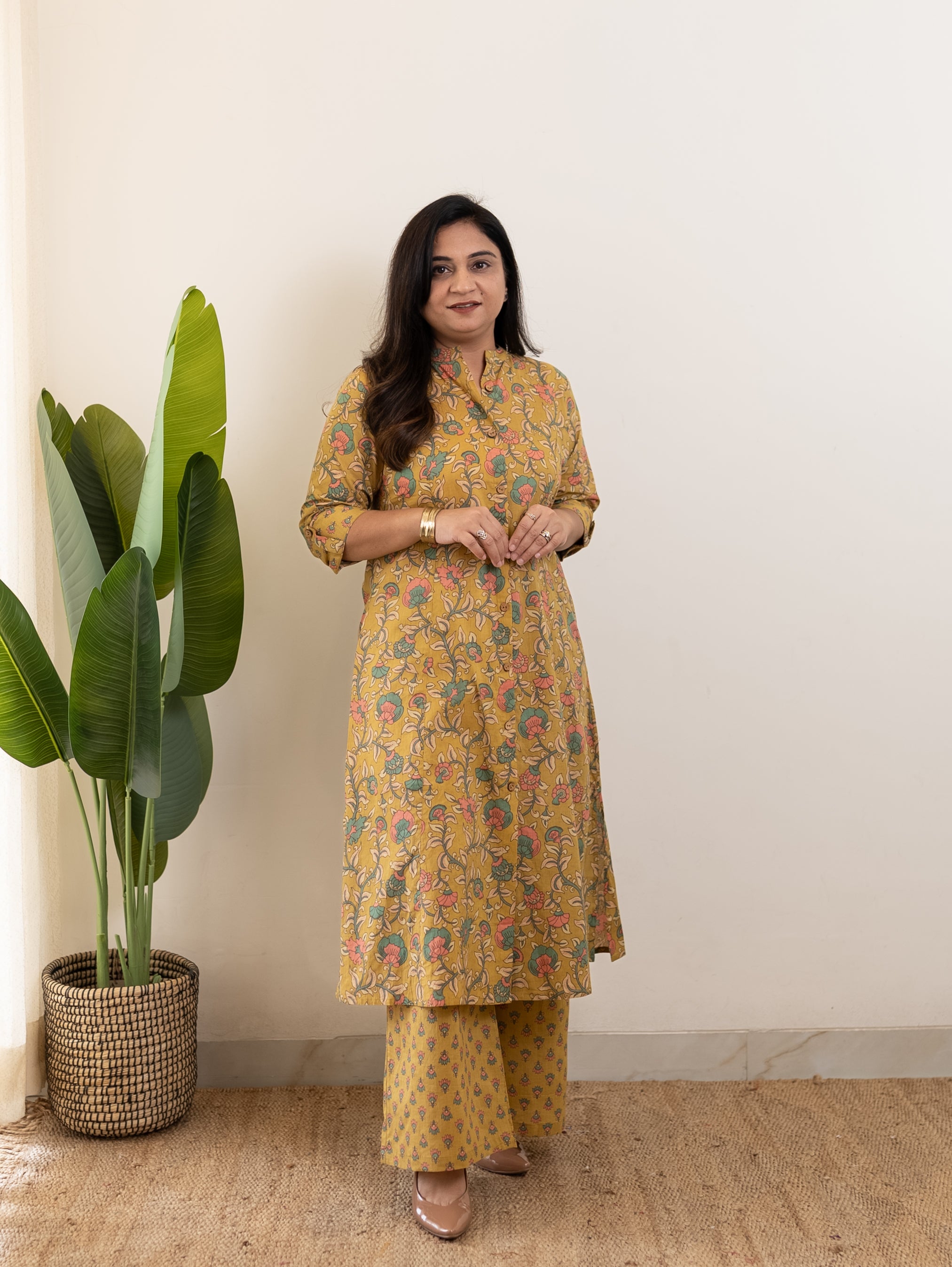 Gul Mustard Floral A-line Cotton Coord Set