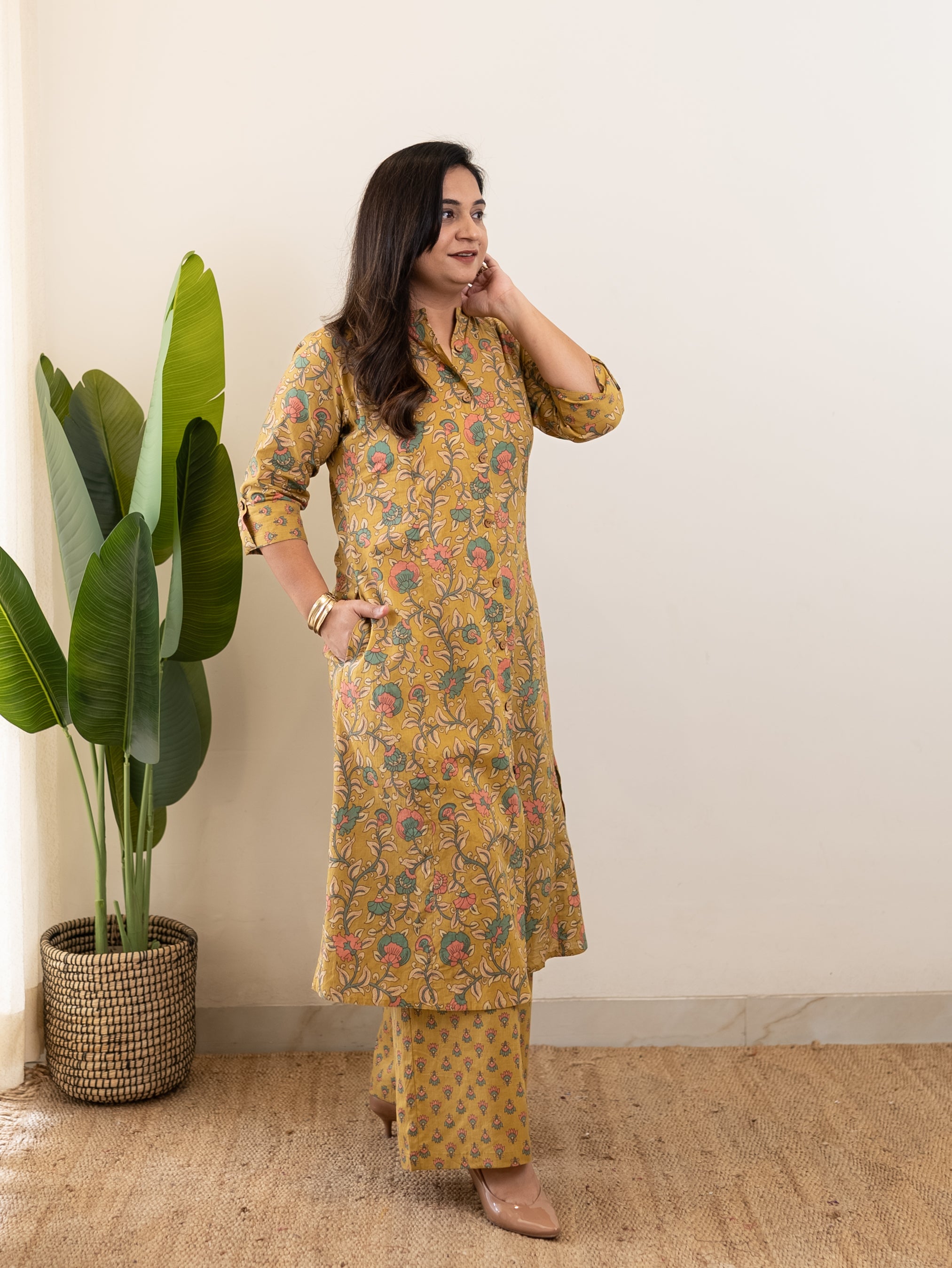 Gul Mustard Floral A-line Cotton Coord Set