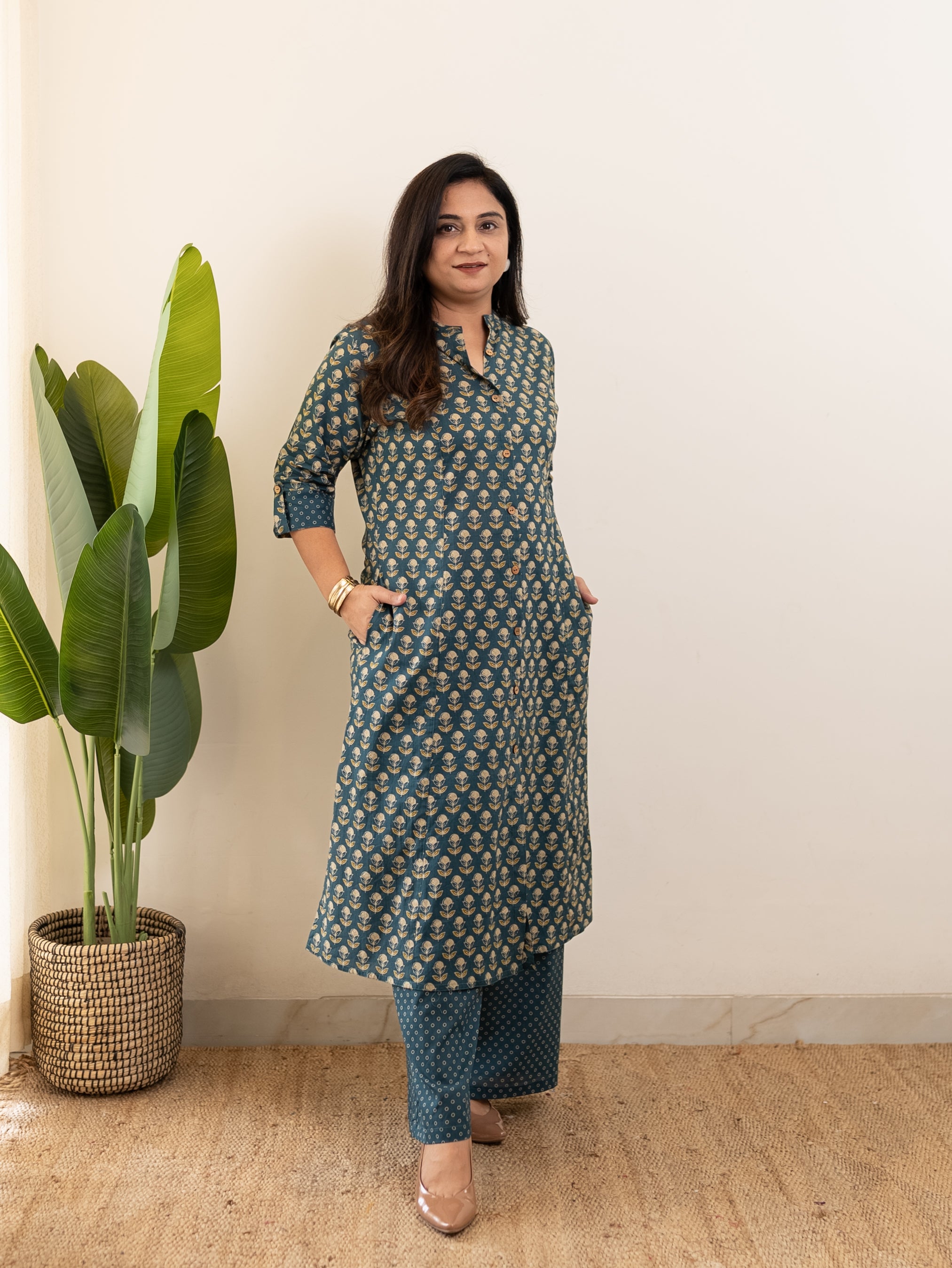 Saba Teal Blue Handblock A-line Cotton Coord Set