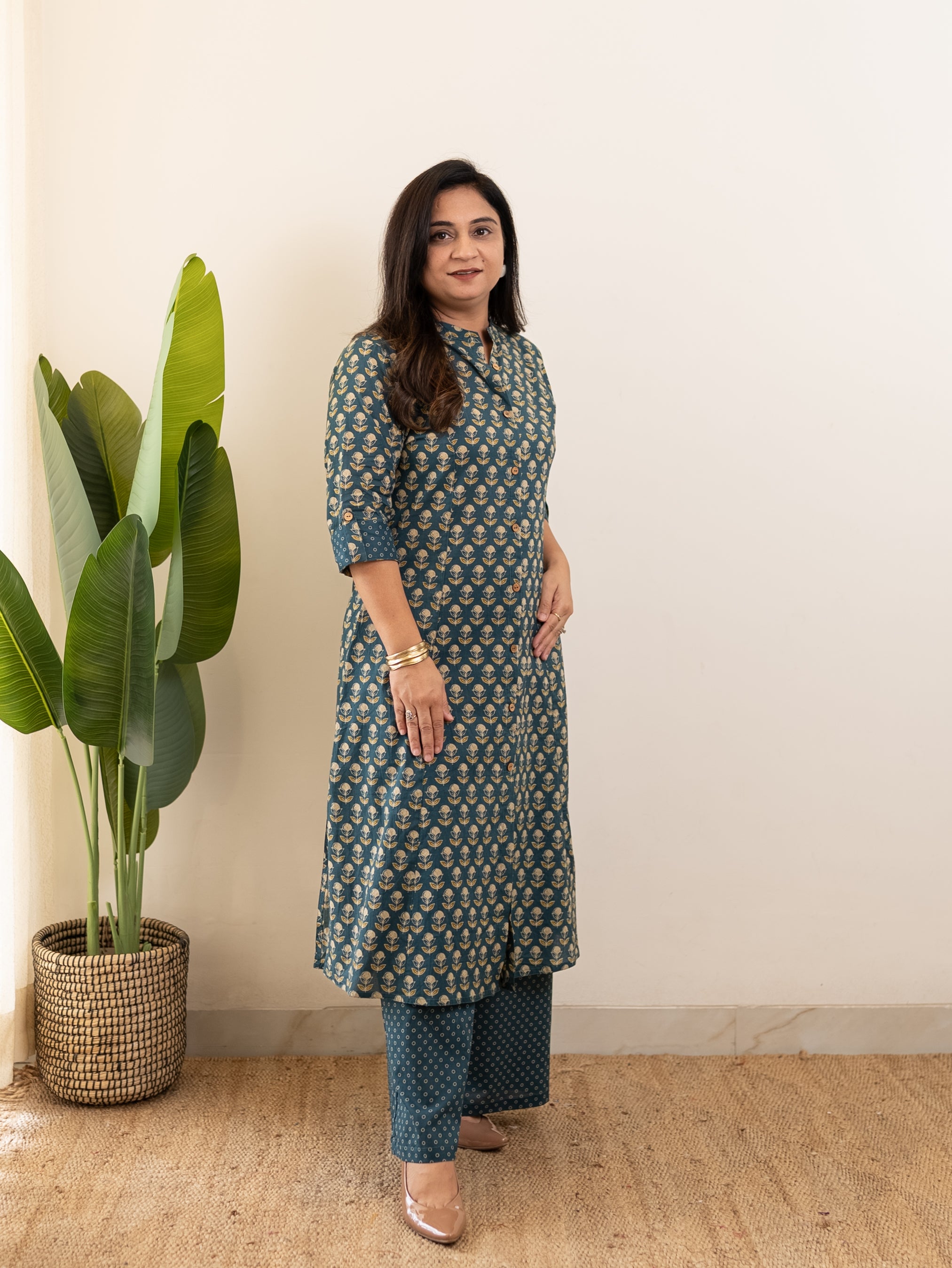 Saba Teal Blue Handblock A-line Cotton Coord Set