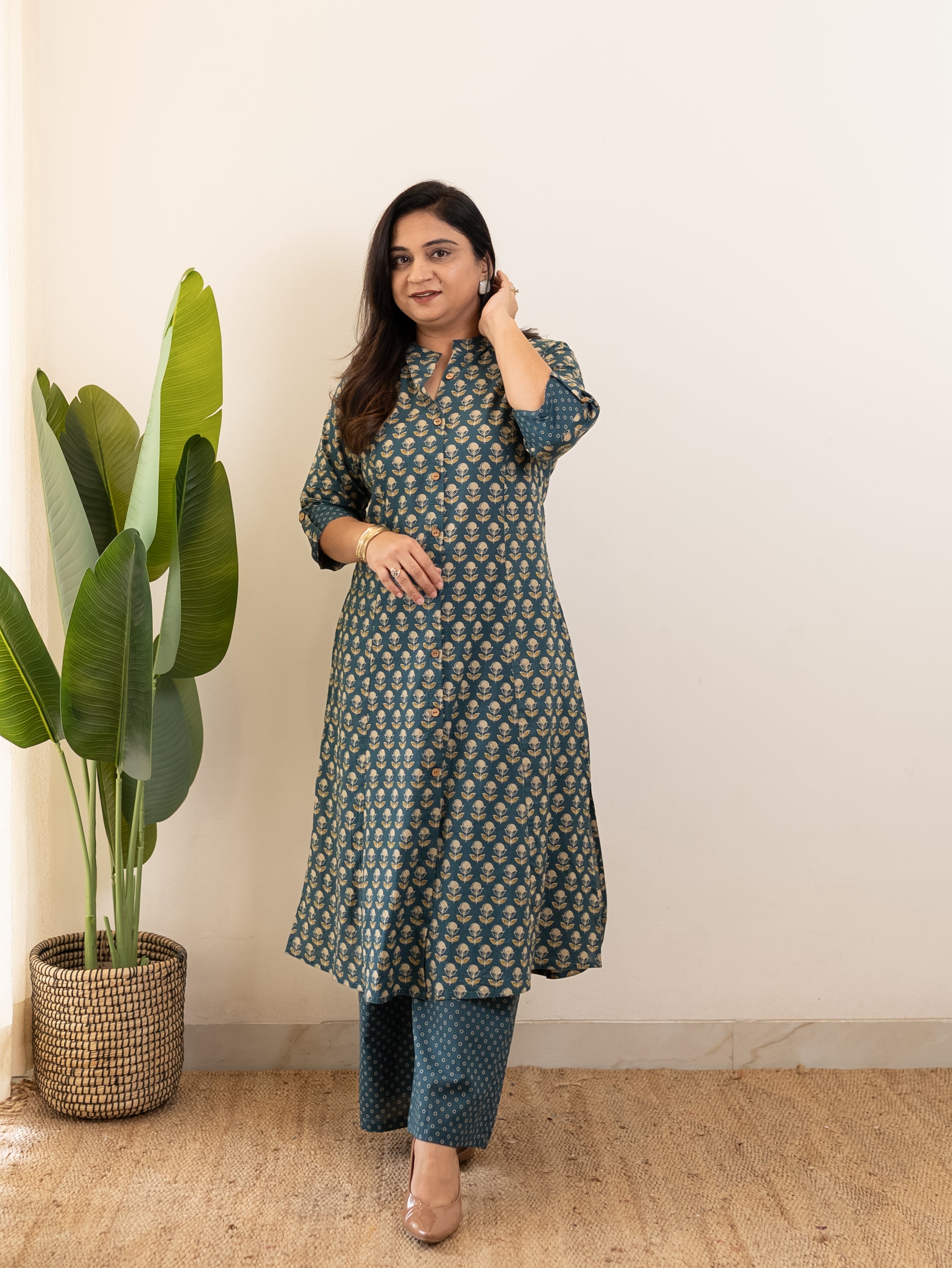 Saba Teal Blue Handblock A-line Cotton Coord Set