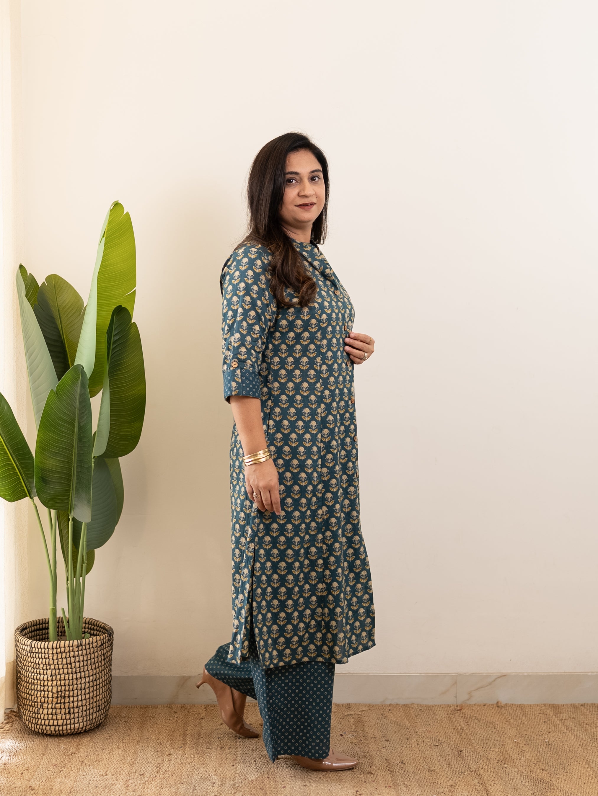 Saba Teal Blue Handblock A-line Cotton Coord Set