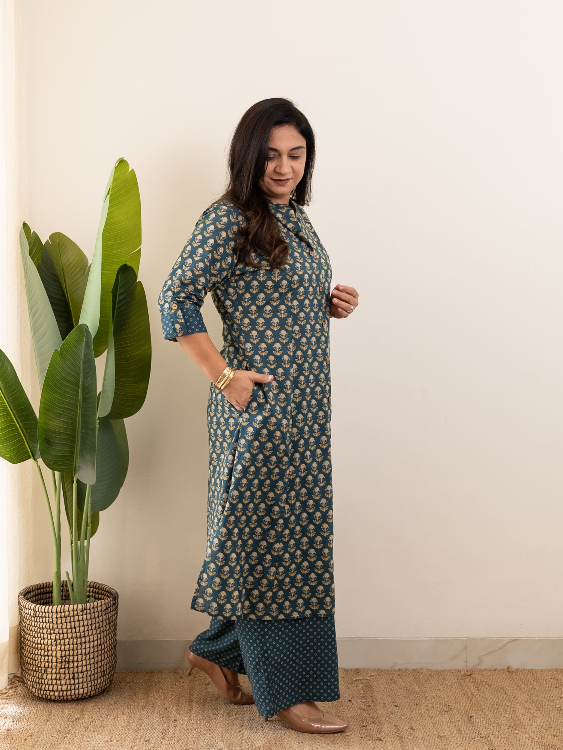 Saba Teal Blue Handblock A-line Cotton Coord Set