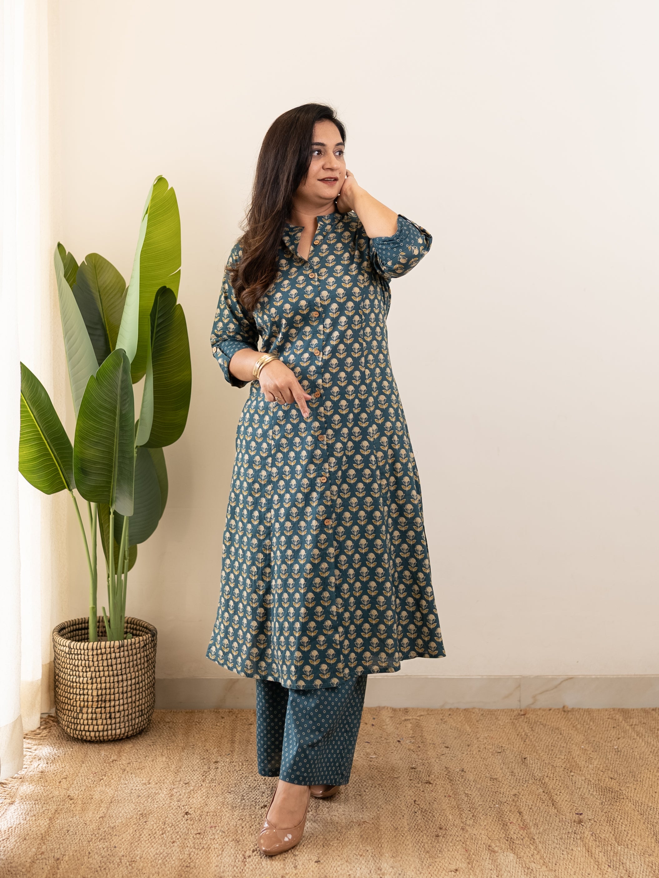 Saba Teal Blue Handblock A-line Cotton Coord Set