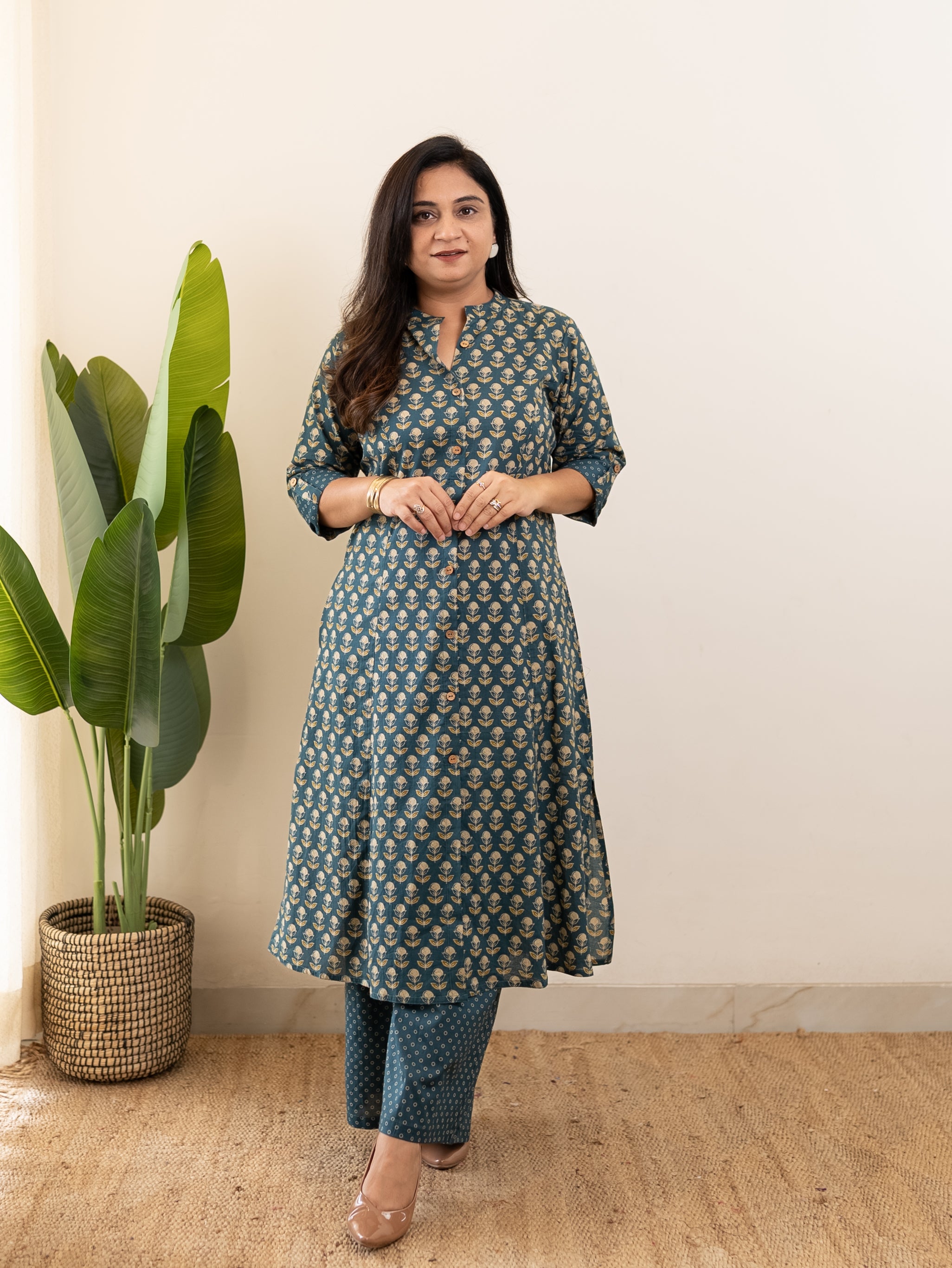 Saba Teal Blue Handblock A-line Cotton Coord Set