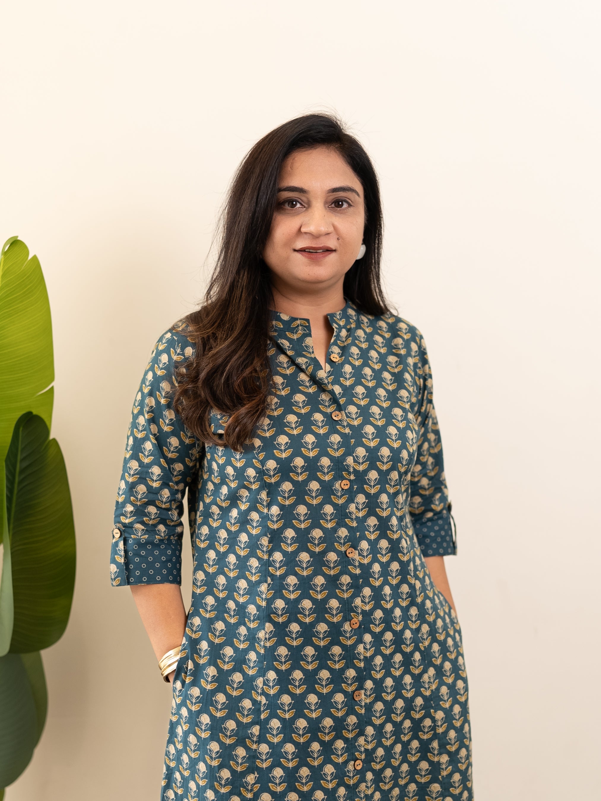 Saba Teal Blue Handblock A-line Cotton Coord Set