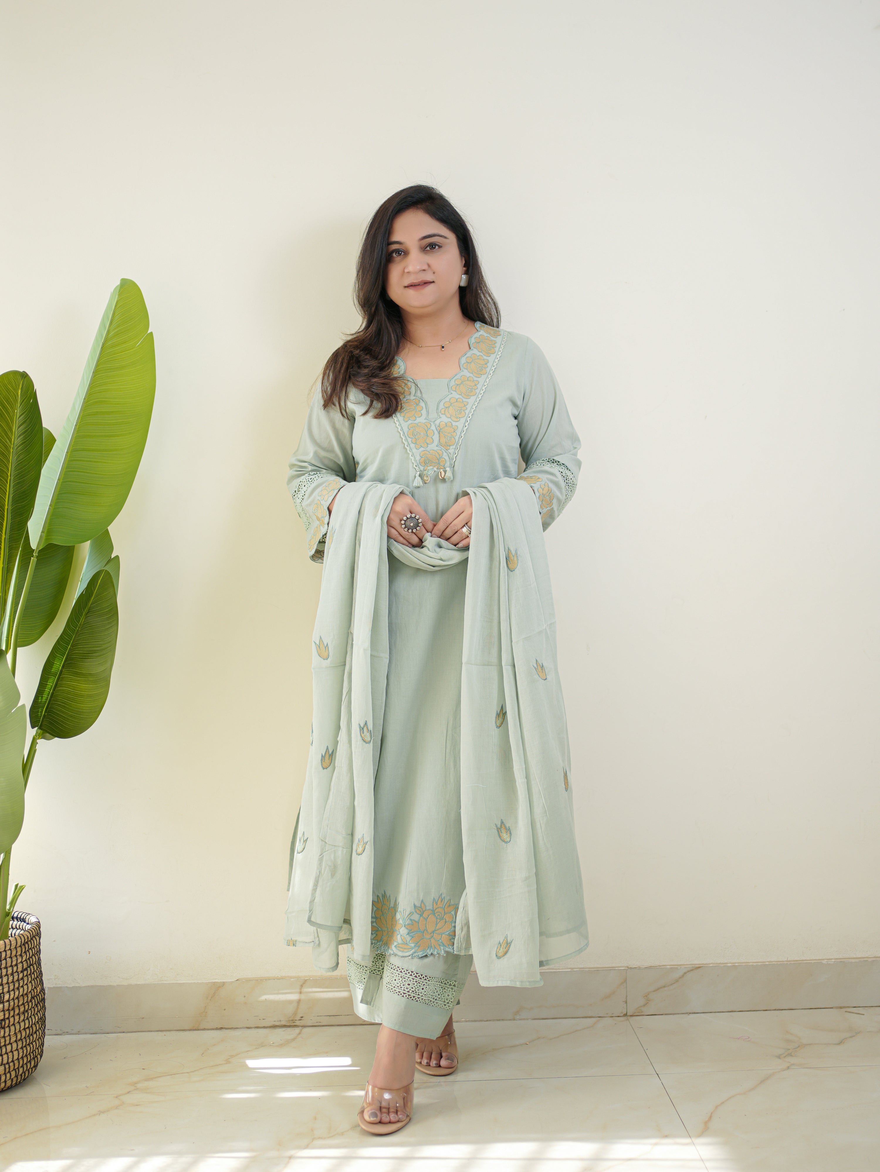 Gazal Pastel Blue Premium Cotton Embroidered Pant Set