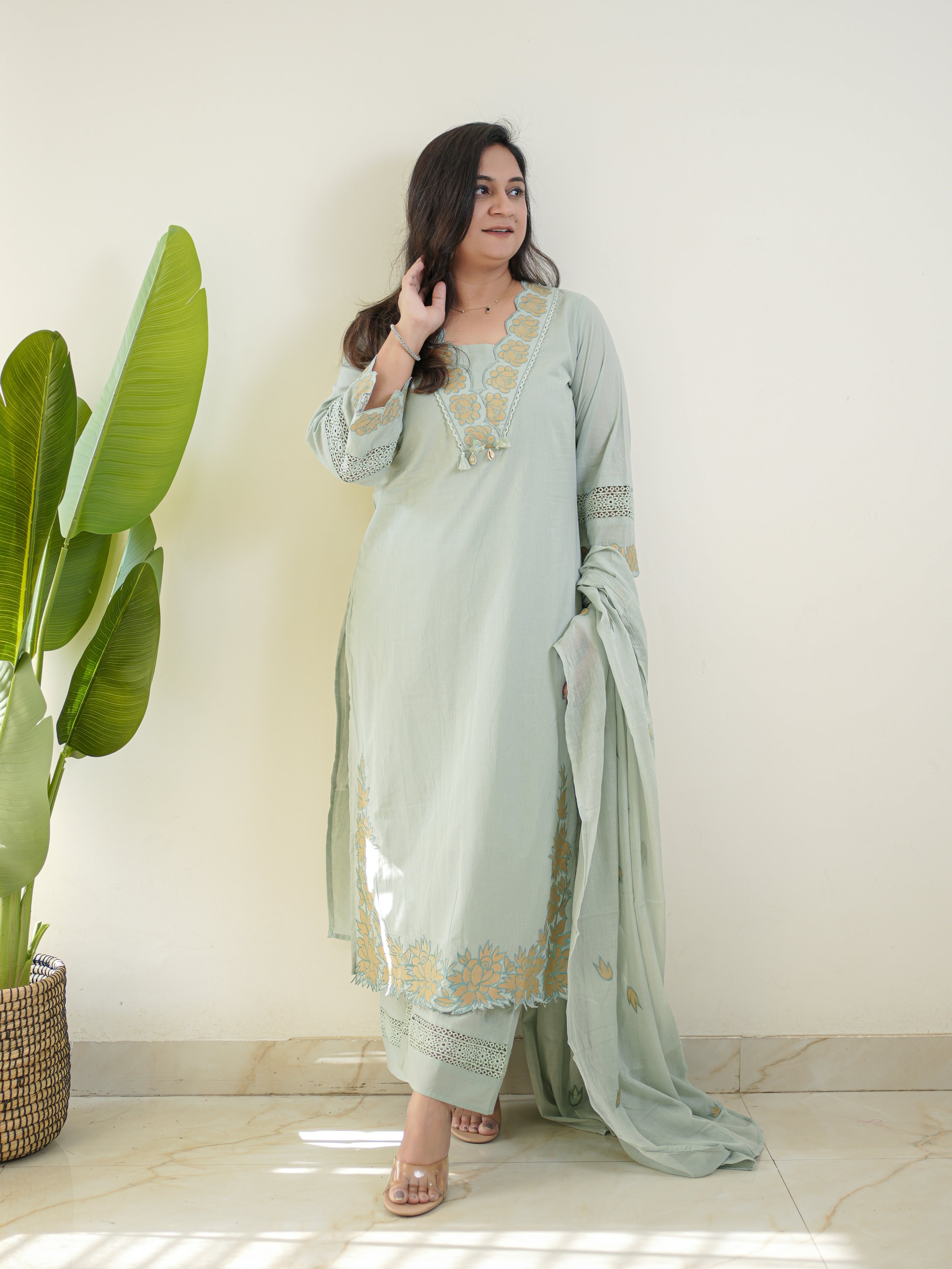 Gazal Pastel Blue Premium Cotton Embroidered Pant Set