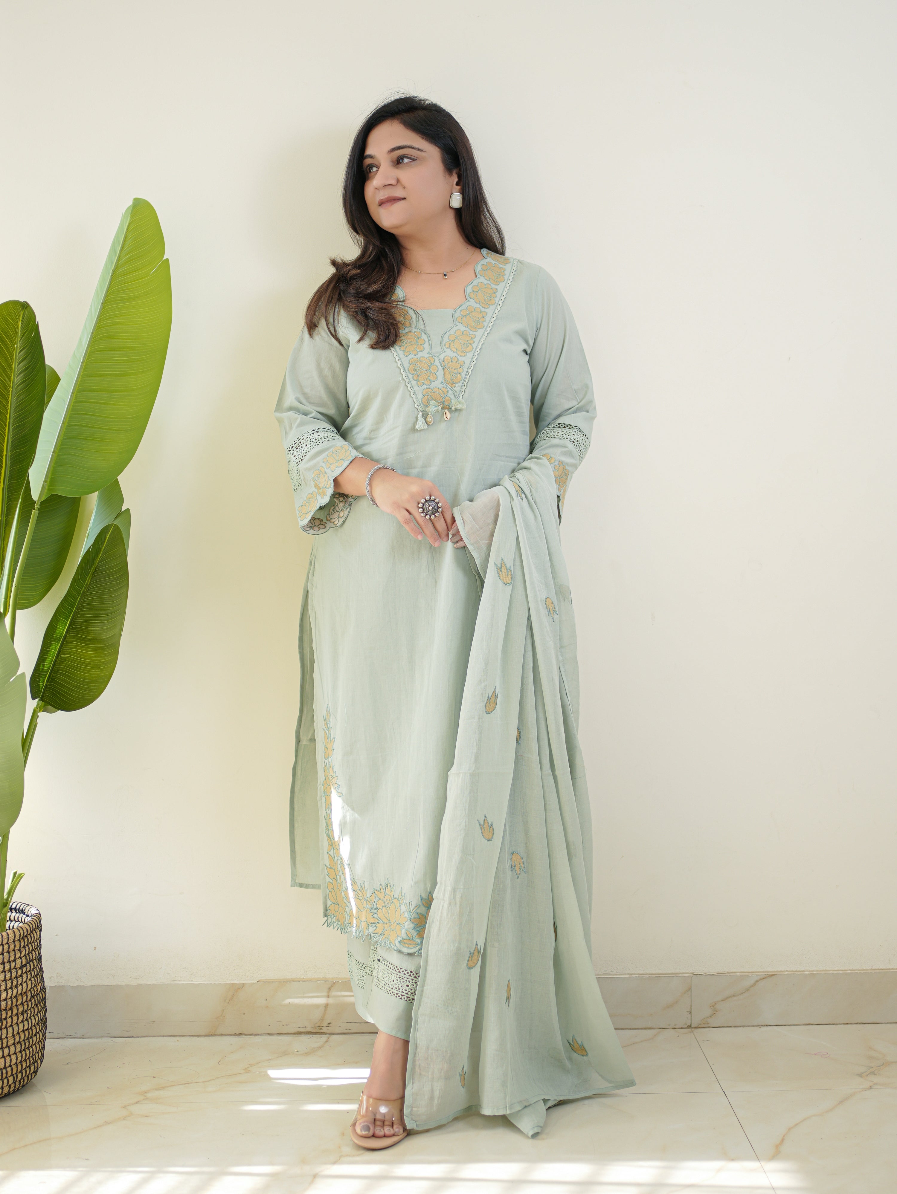 Gazal Pastel Blue Premium Cotton Embroidered Pant Set