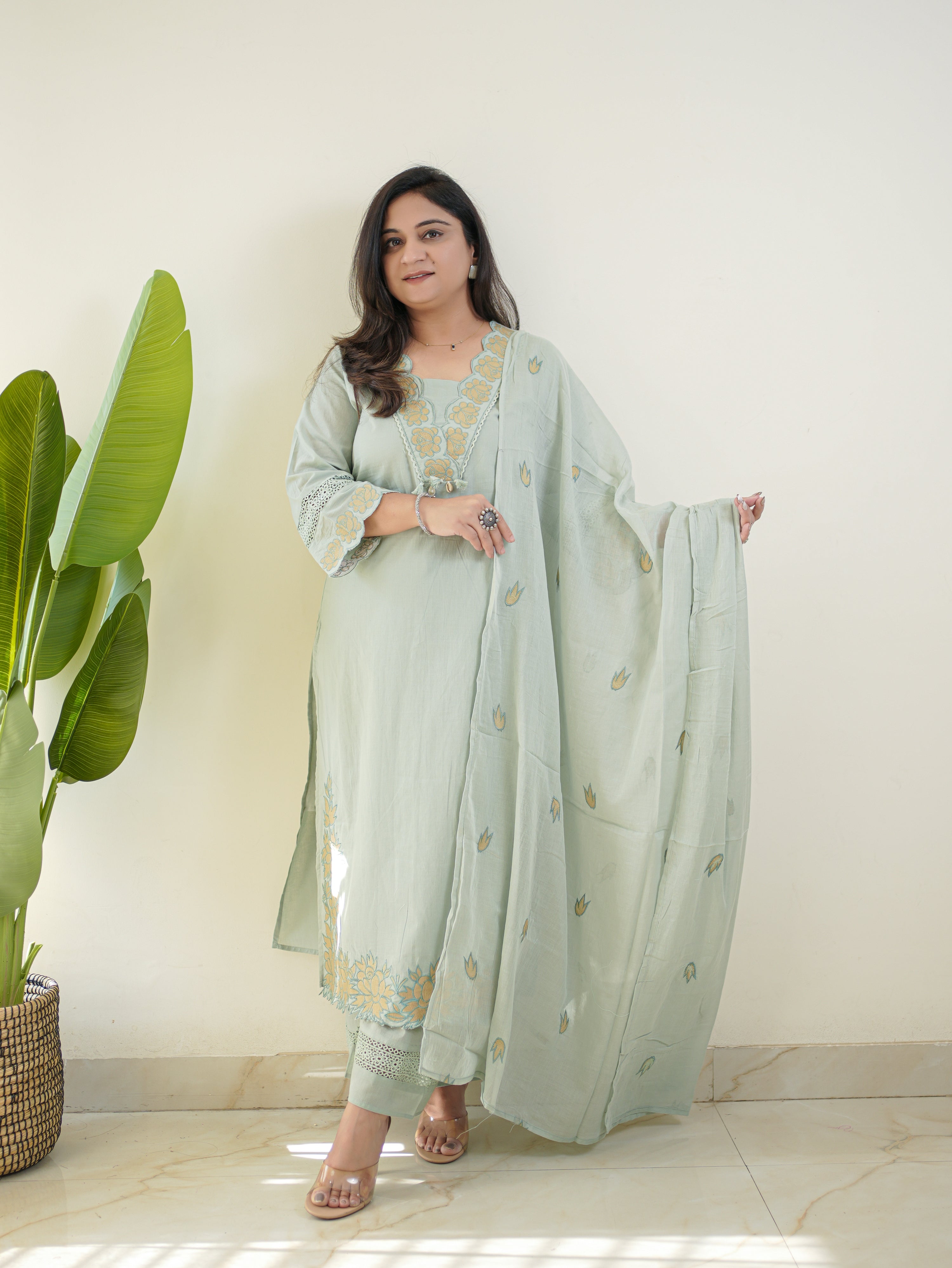 Gazal Pastel Blue Premium Cotton Embroidered Pant Set