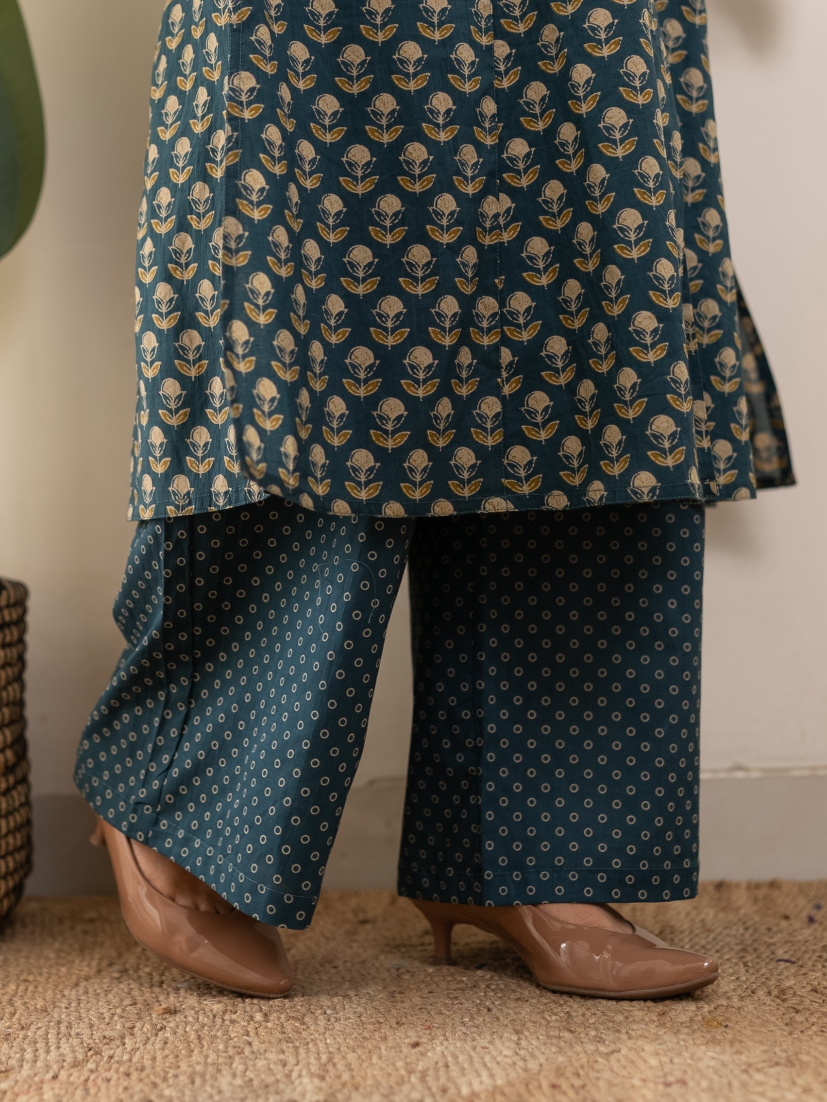 Saba Teal Blue Handblock A-line Cotton Coord Set